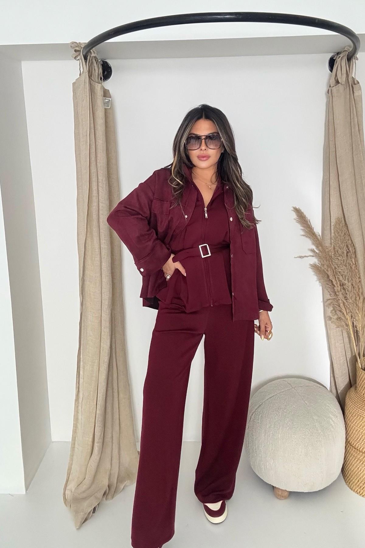 Modal Kumaş Kemerli Takım Bordo
