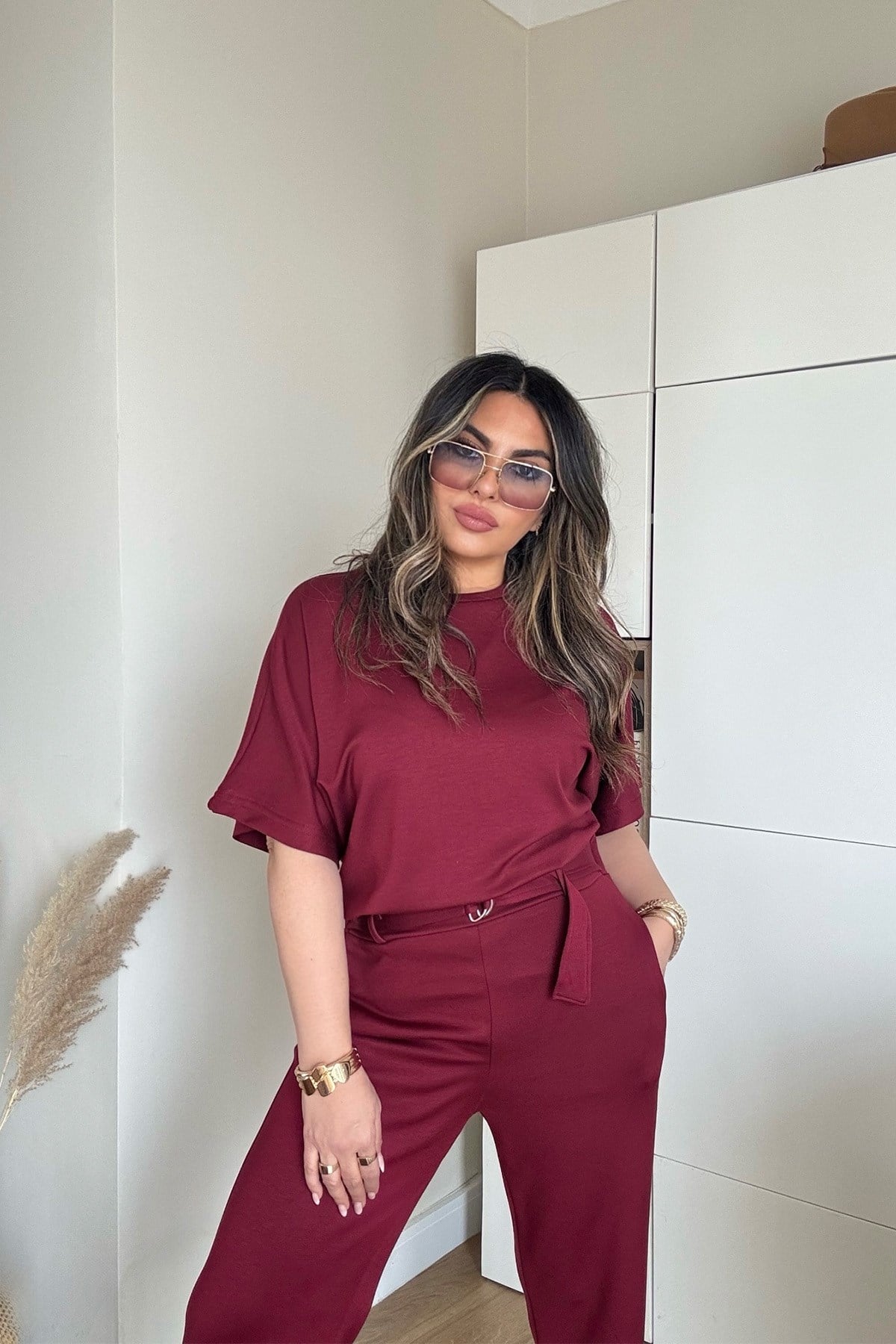 Modal Kumaş Kemerli Takım Bordo