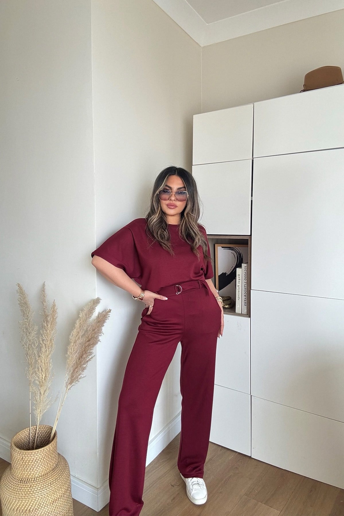 Modal Kumaş Kemerli Takım Bordo