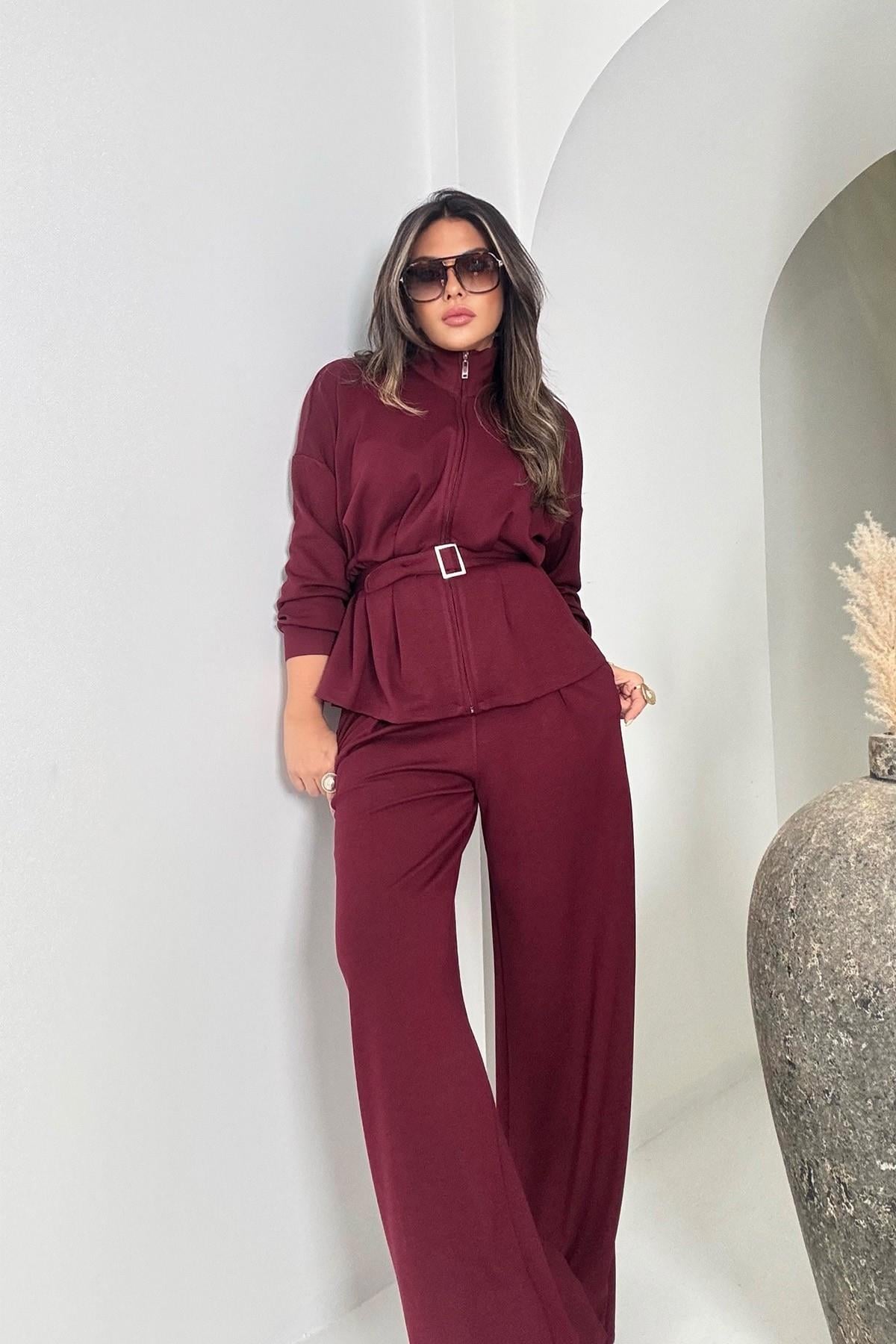Modal Kumaş Kemerli Takım Bordo