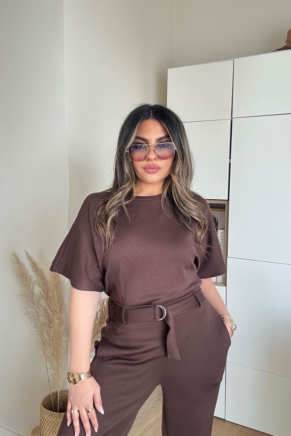 Modal Kumaş Kemerli Takım Kahve