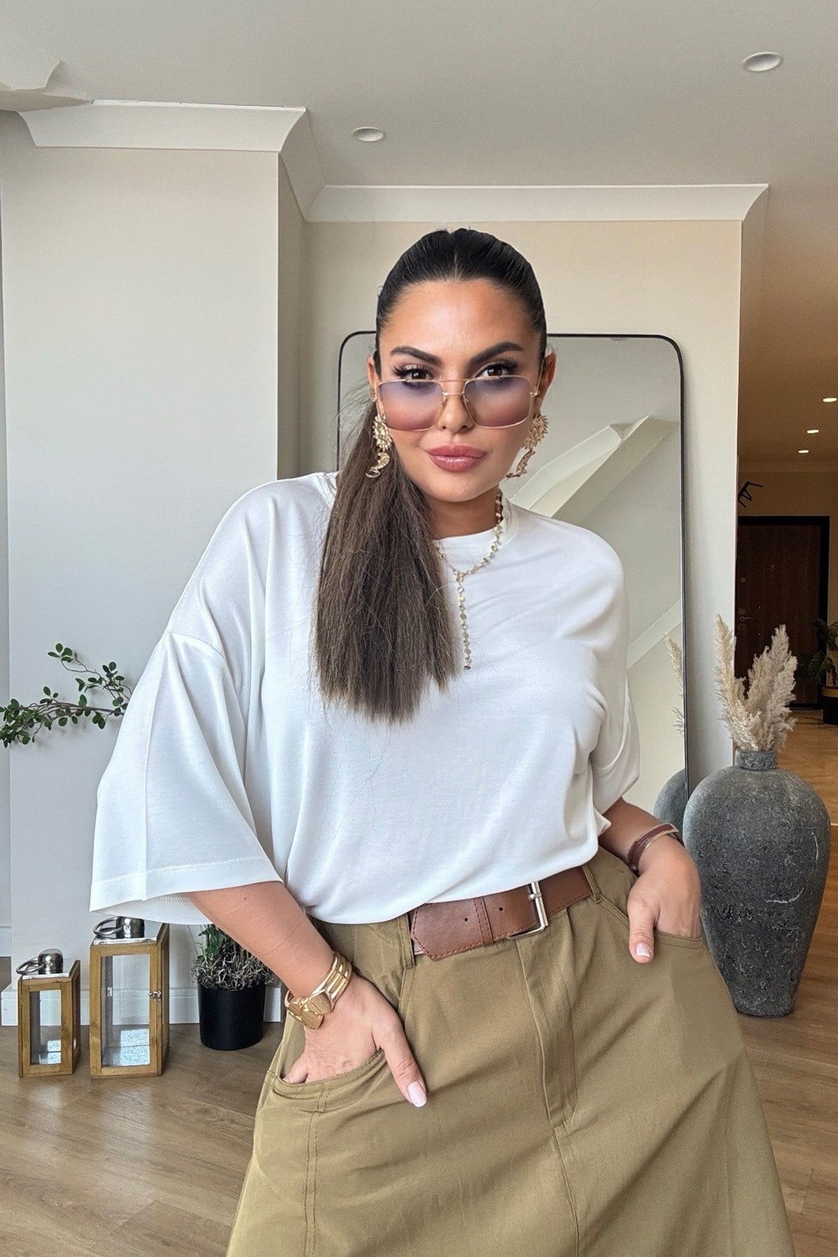 Modal Kumaş Oversize Tshirt Ekru