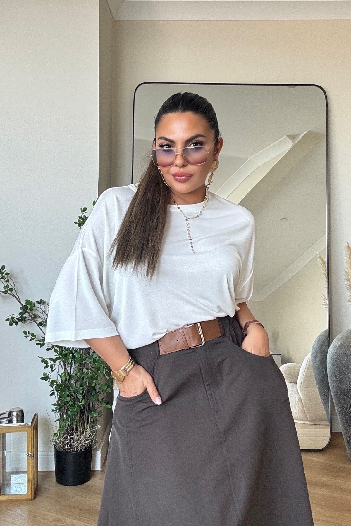 Modal Kumaş Oversize Tshirt Ekru
