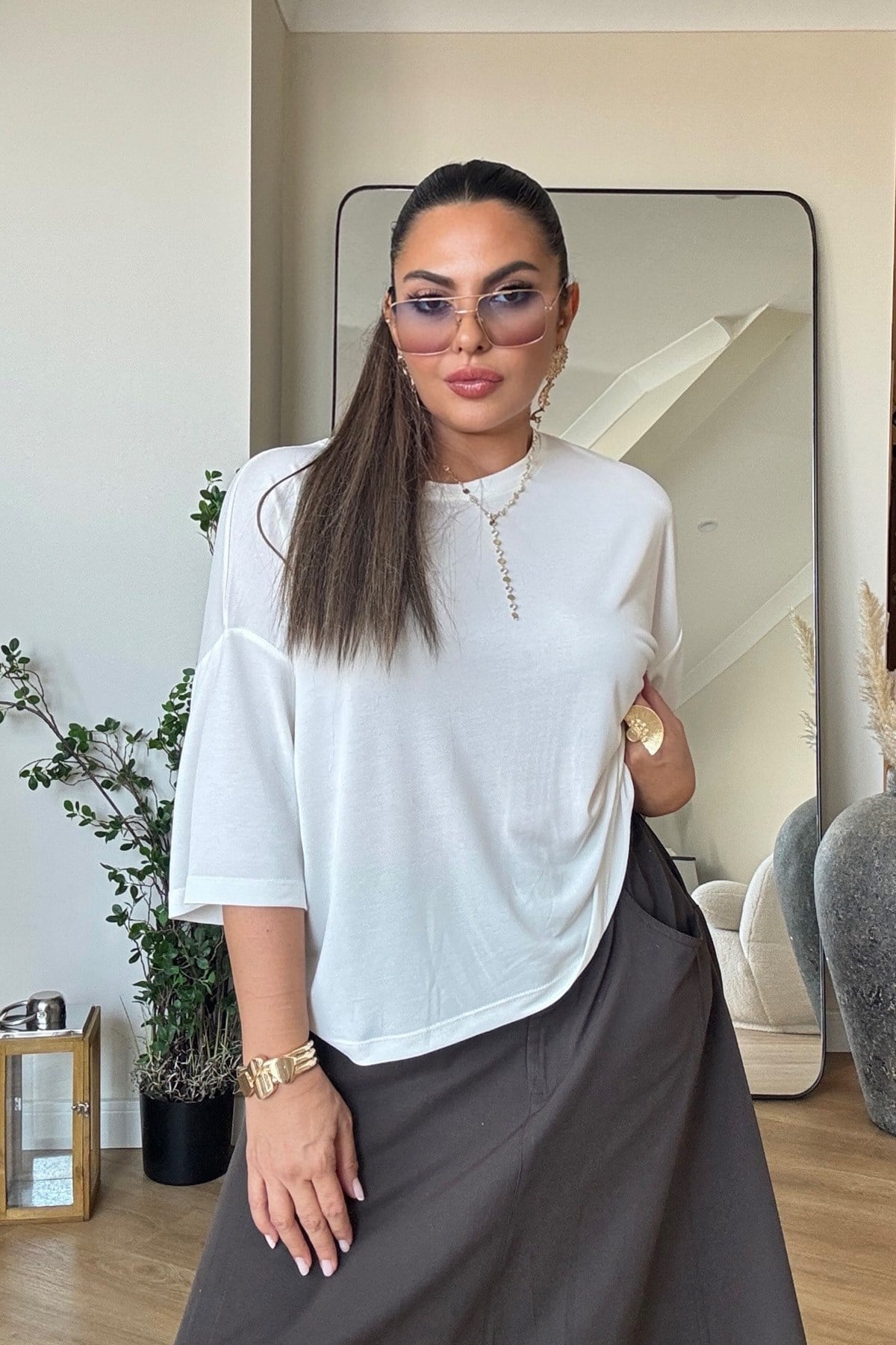 Modal Kumaş Oversize Tshirt Ekru