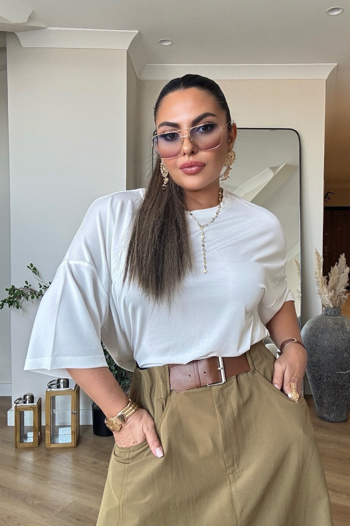 Modal Kumaş Oversize Tshirt Ekru