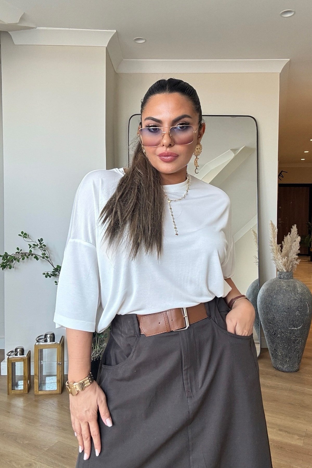 Modal Kumaş Oversize Tshirt Ekru