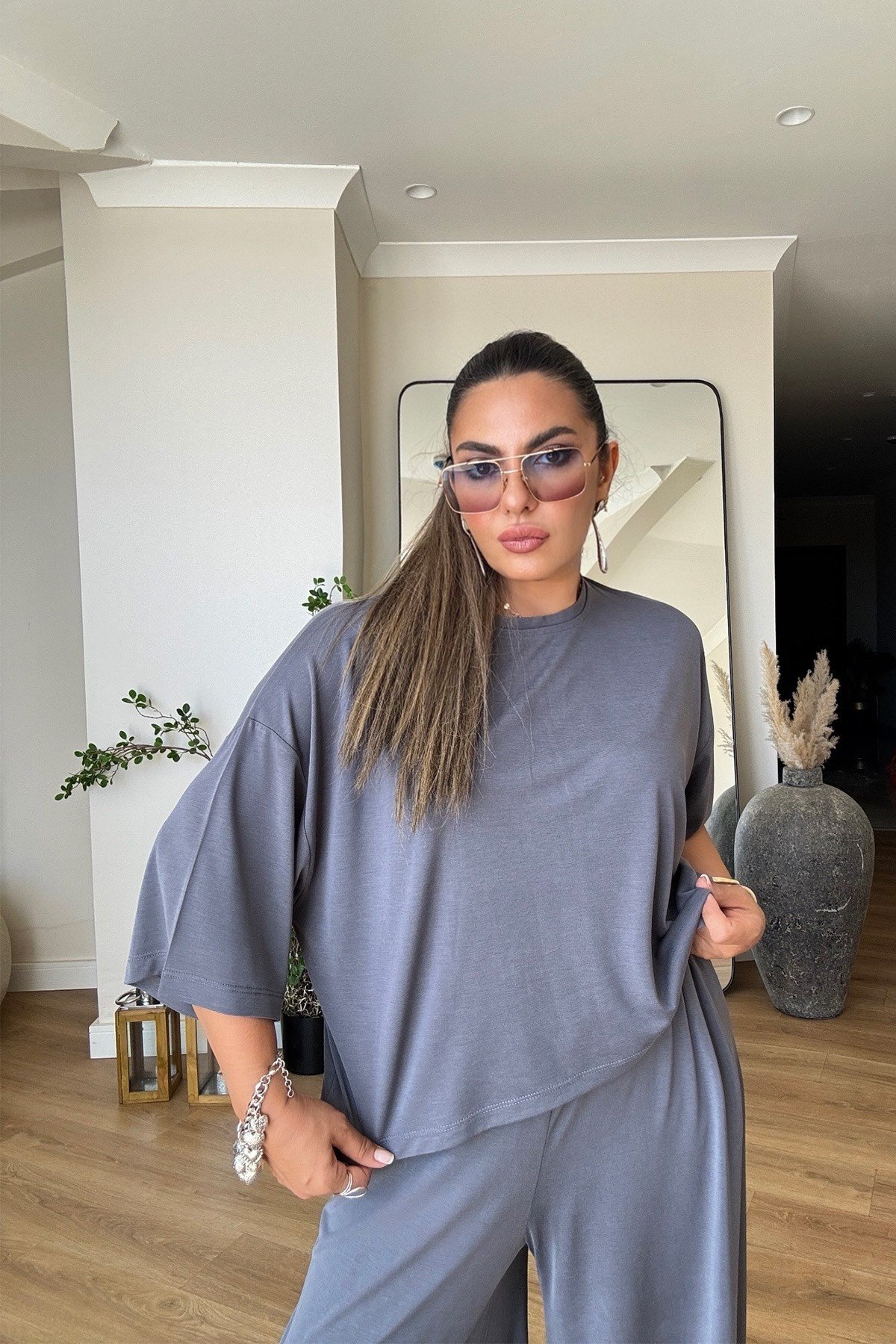 Modal Kumaş Oversize Tshirt Gri