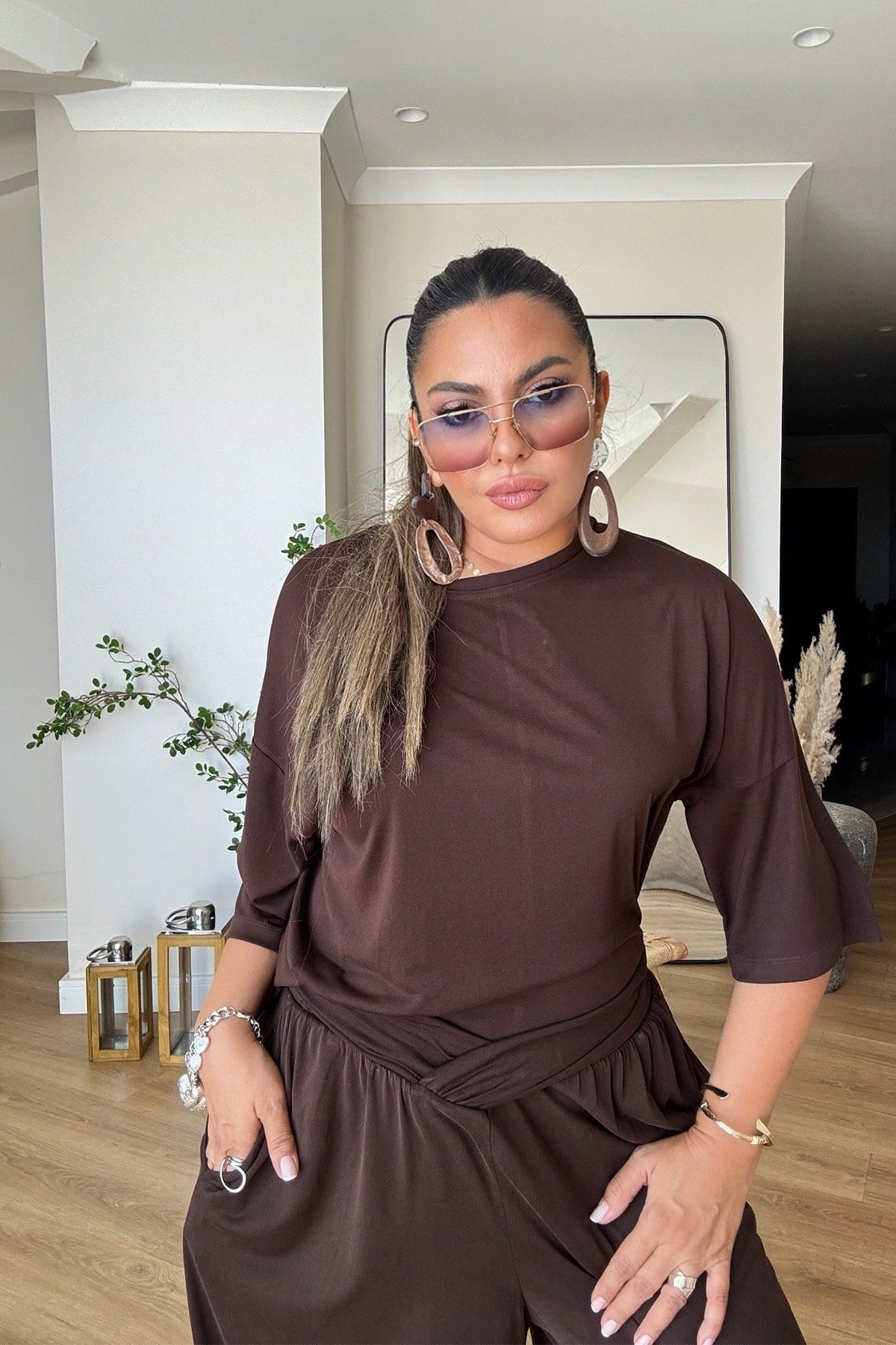 Modal Kumaş Oversize Tshirt Kahve