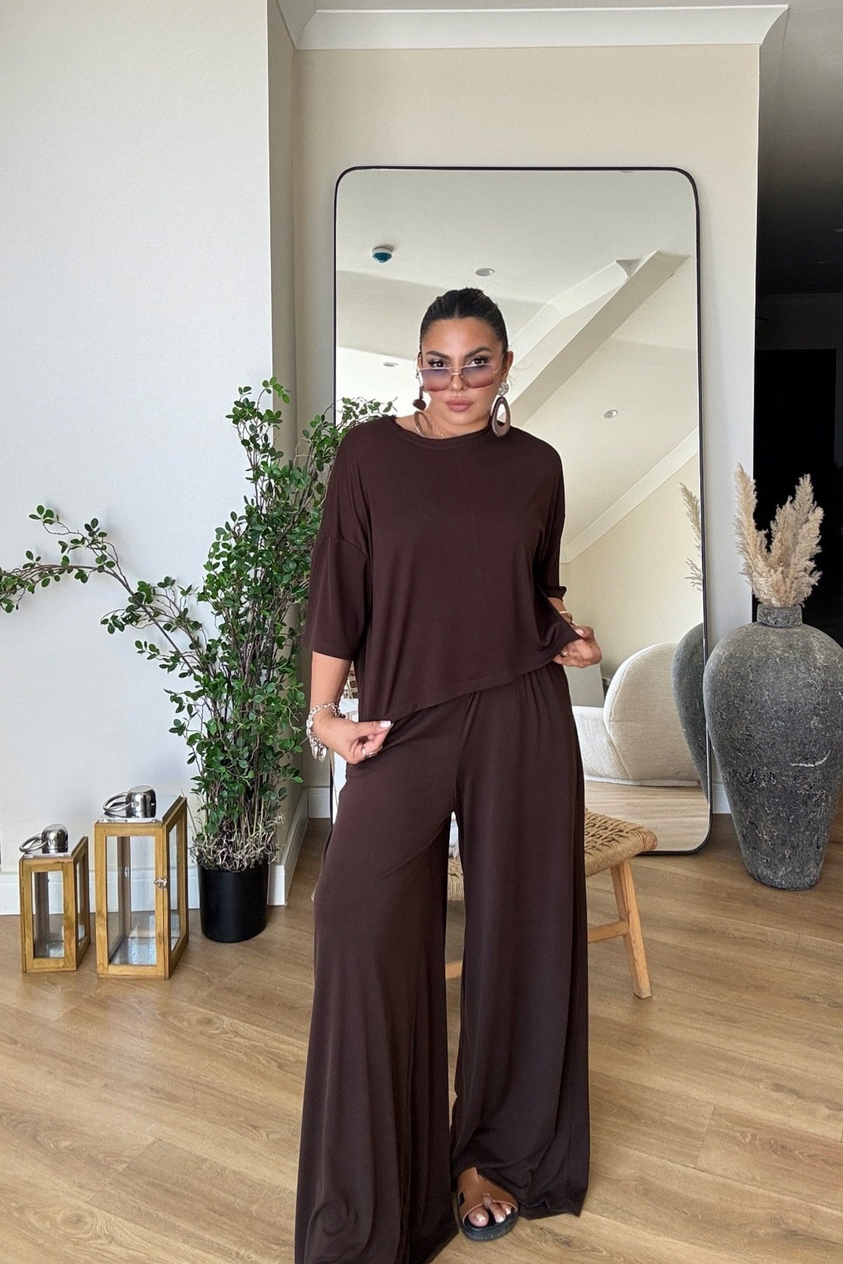 Modal Kumaş Oversize Tshirt Kahve