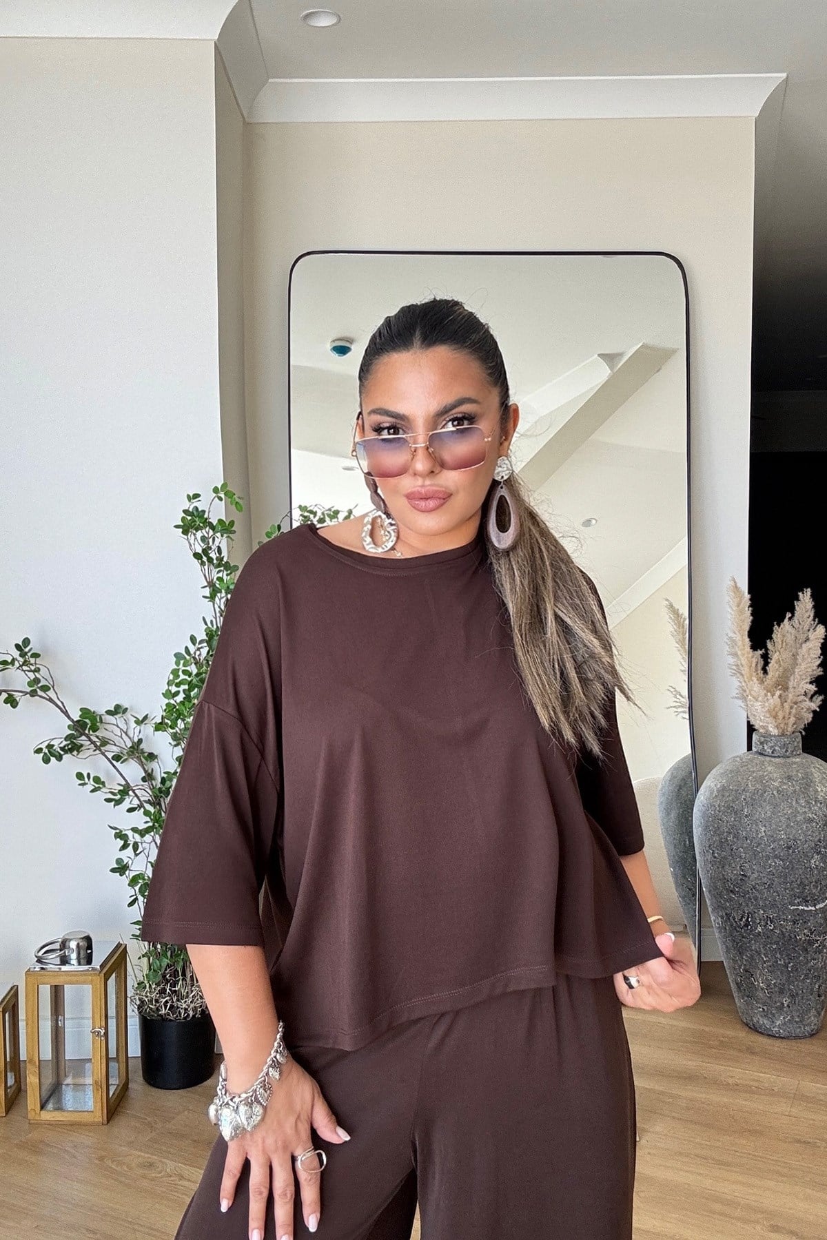 Modal Kumaş Oversize Tshirt Kahve