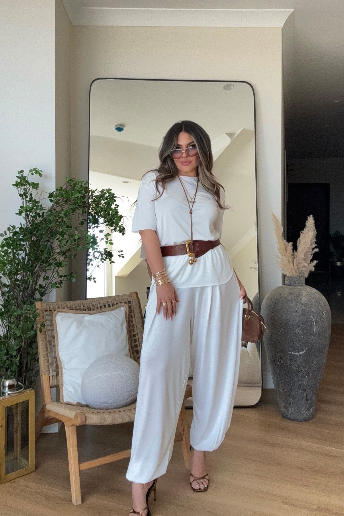 Modal Kumaş Şalvar Pantolonlu Takım Ekru