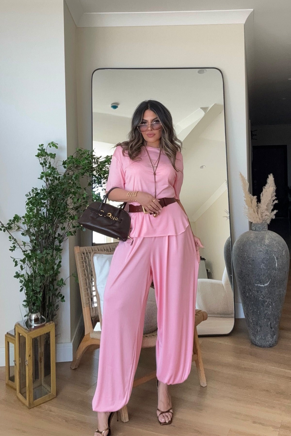 Modal Kumaş Şalvar Pantolonlu Takım Pembe