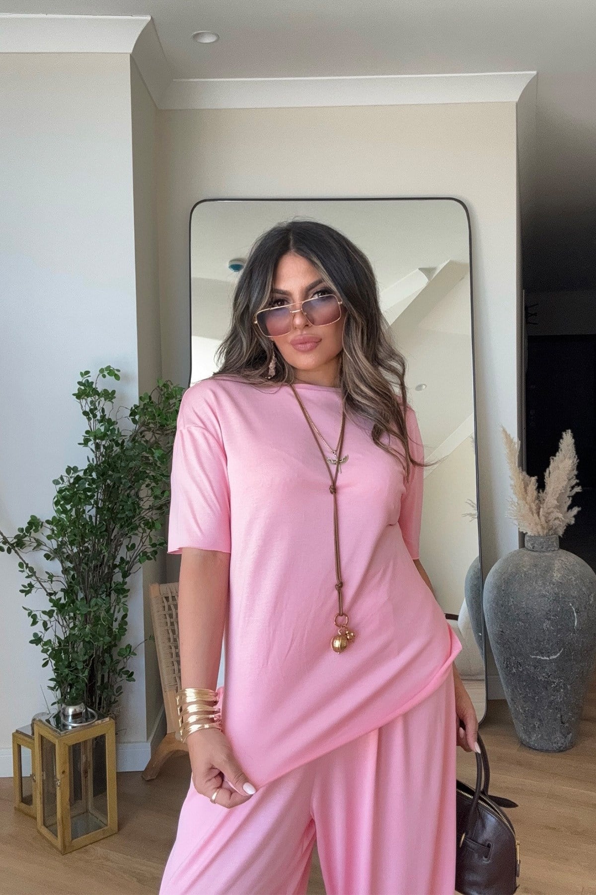 Modal Kumaş Şalvar Pantolonlu Takım Pembe