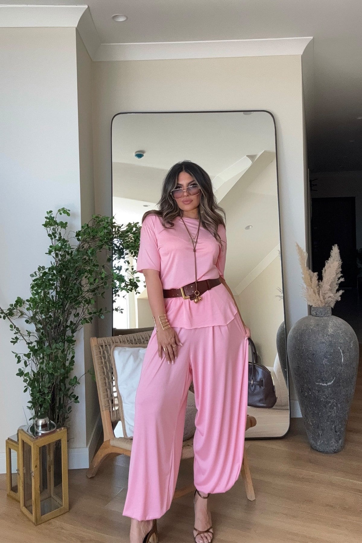 Modal Kumaş Şalvar Pantolonlu Takım Pembe