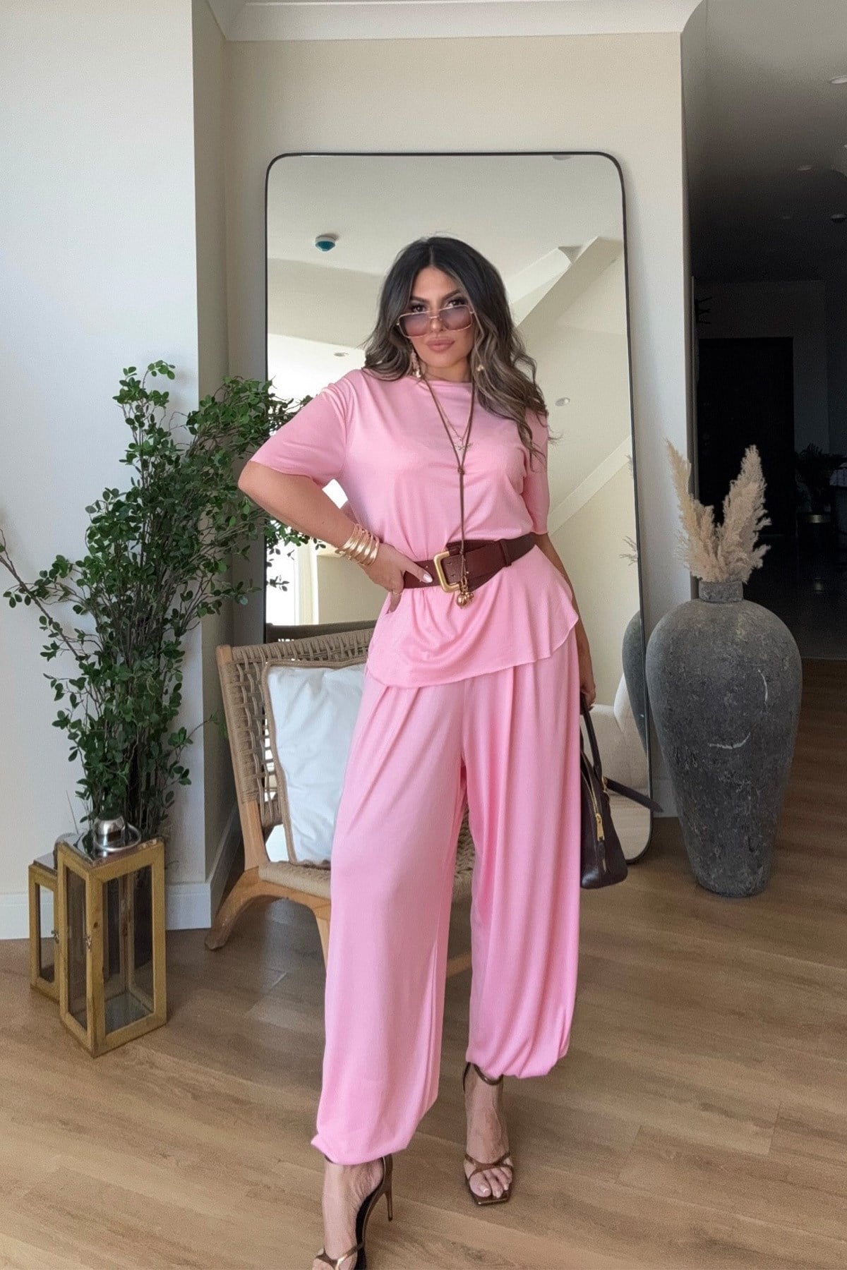 Modal Kumaş Şalvar Pantolonlu Takım Pembe