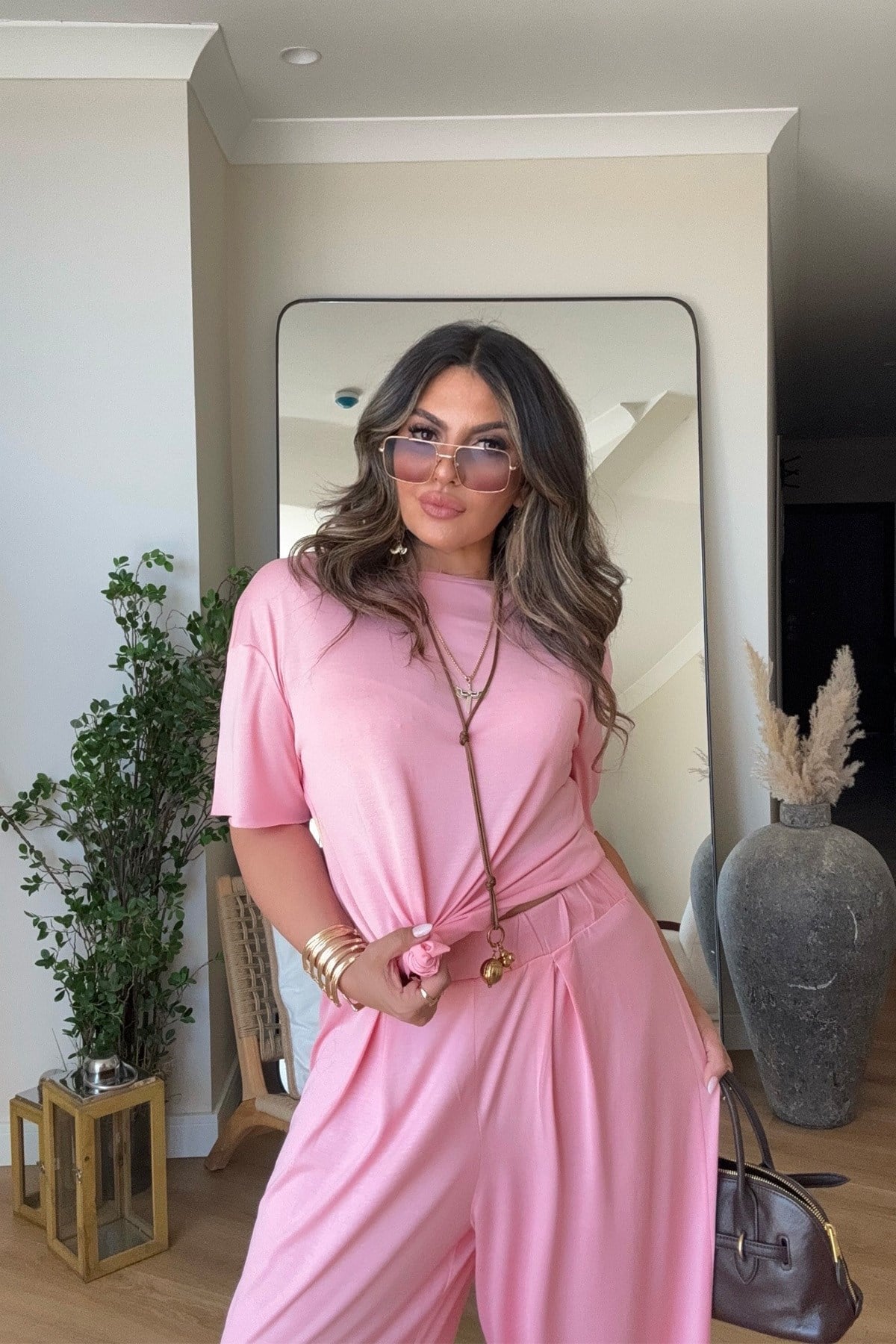 Modal Kumaş Şalvar Pantolonlu Takım Pembe