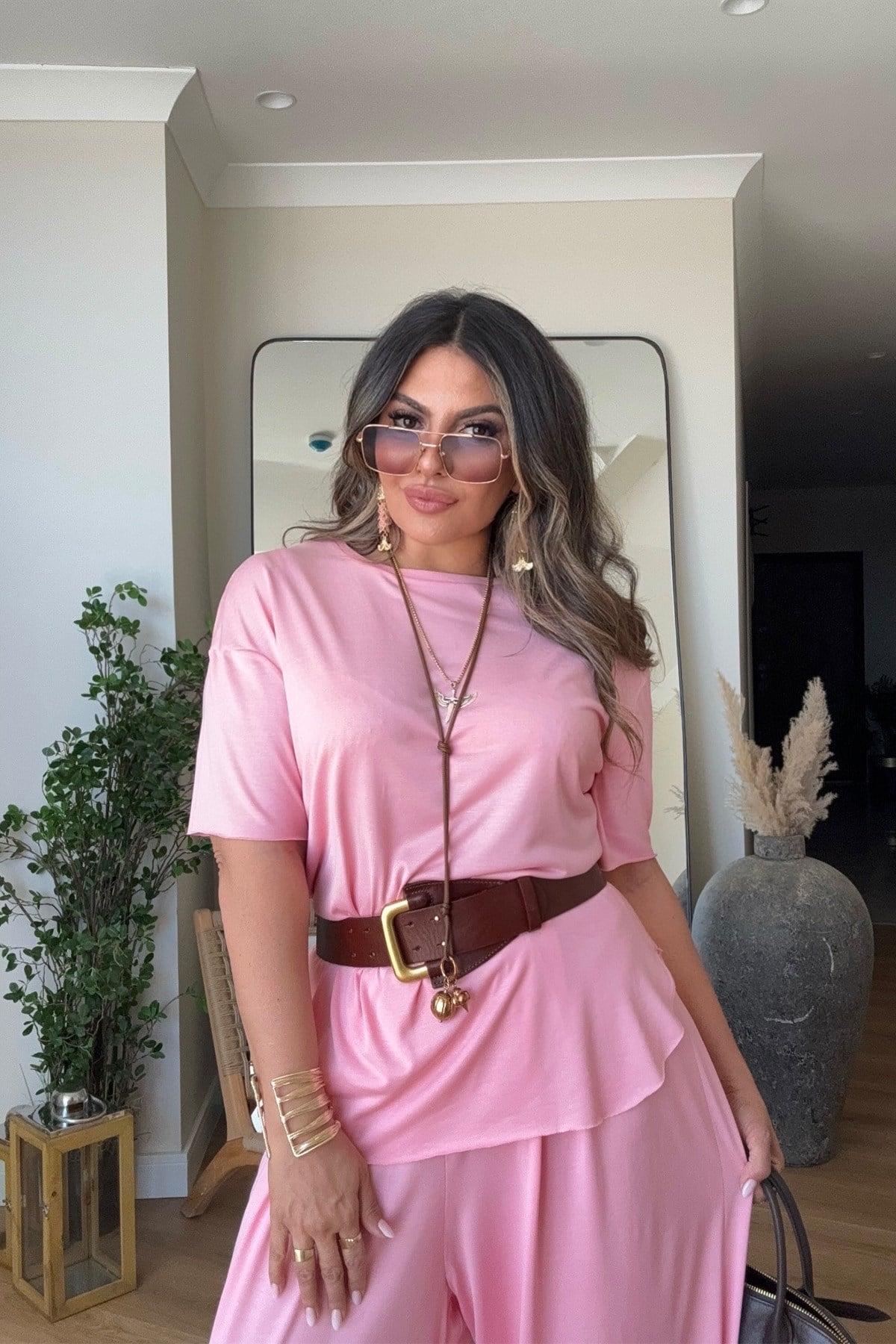 Modal Kumaş Şalvar Pantolonlu Takım Pembe