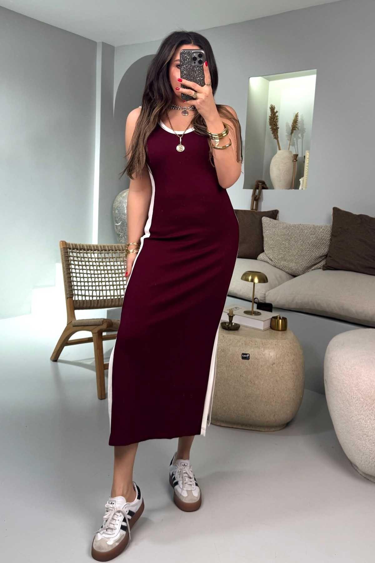 Modal Kumaş Şeritli Yırtmaçlı Elbise Bordo