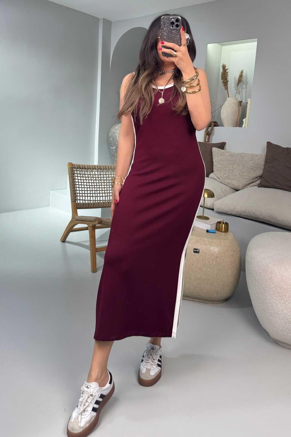 Modal Kumaş Şeritli Yırtmaçlı Elbise Bordo