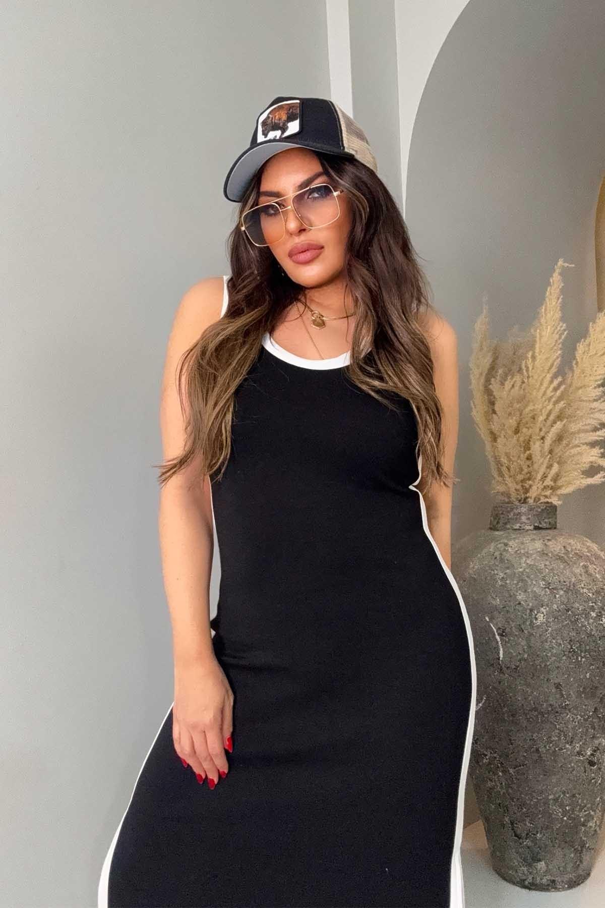 Modal Kumaş Şeritli Yırtmaçlı Elbise Siyah