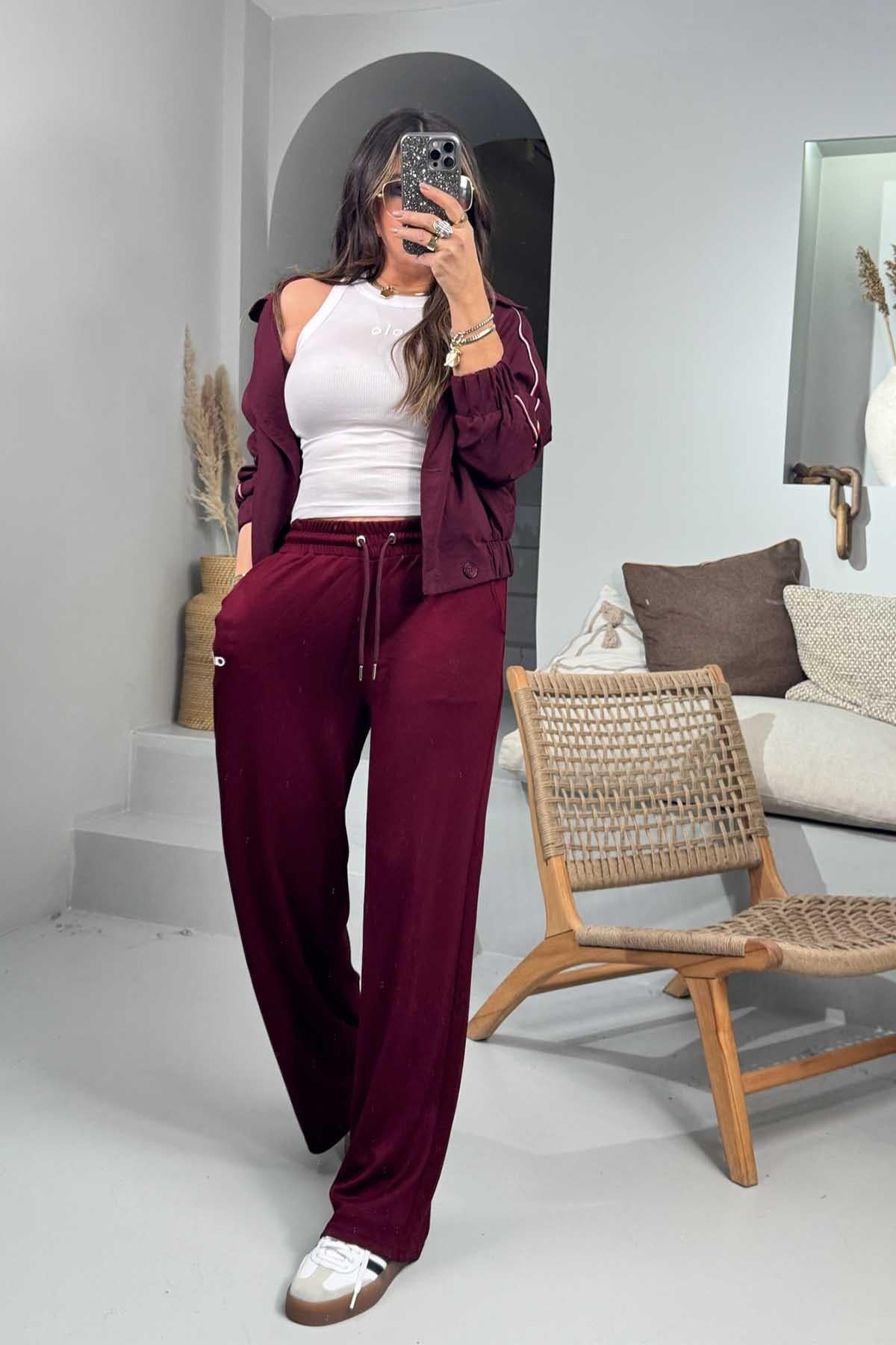 Modal Kumaş Silikon Baskı Eşofman Altı Bordo