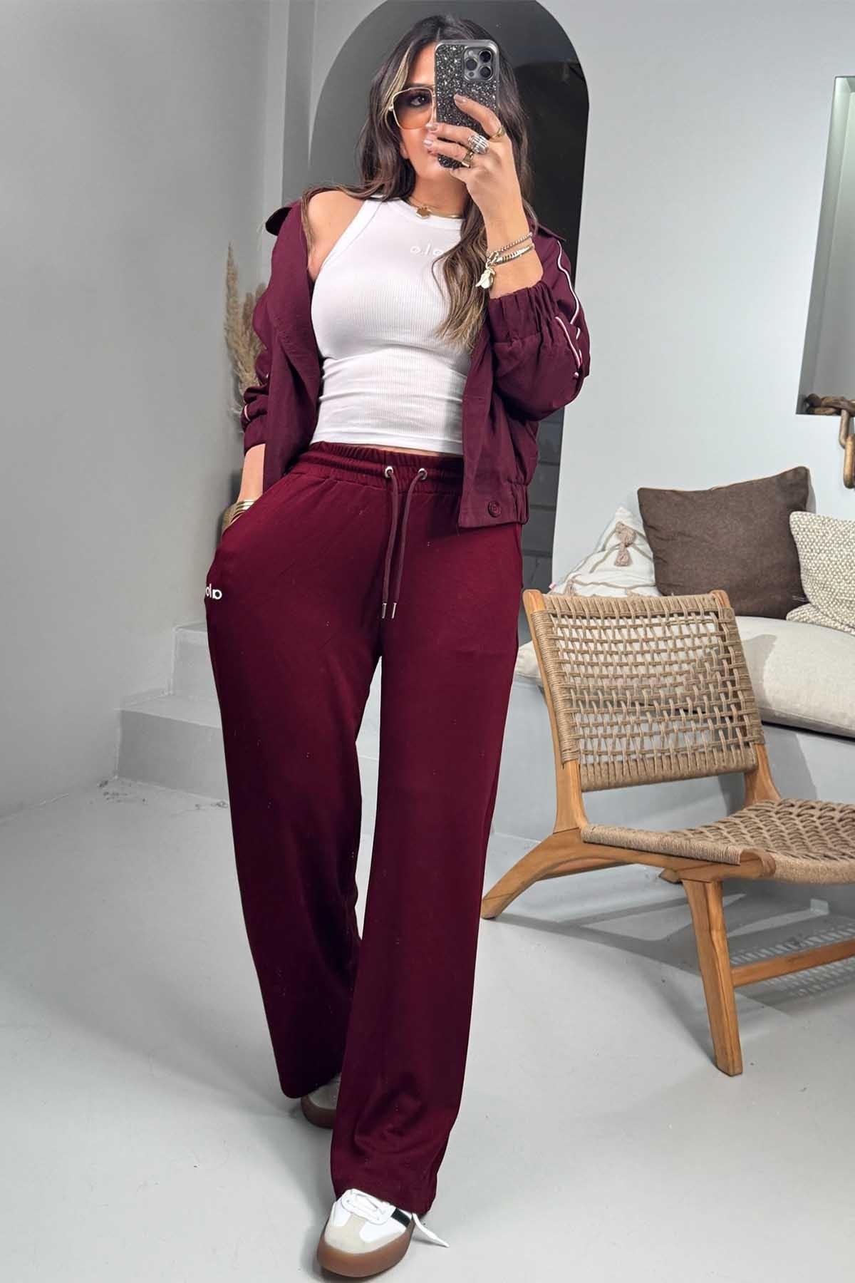 Modal Kumaş Silikon Baskı Eşofman Altı Bordo
