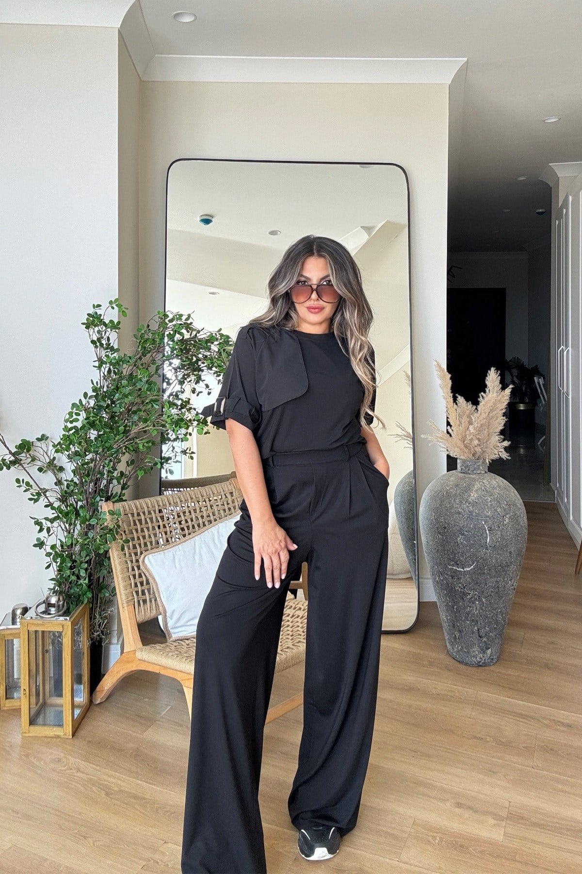 Modal Kumaş Trench Tasarımlı Takım Siyah