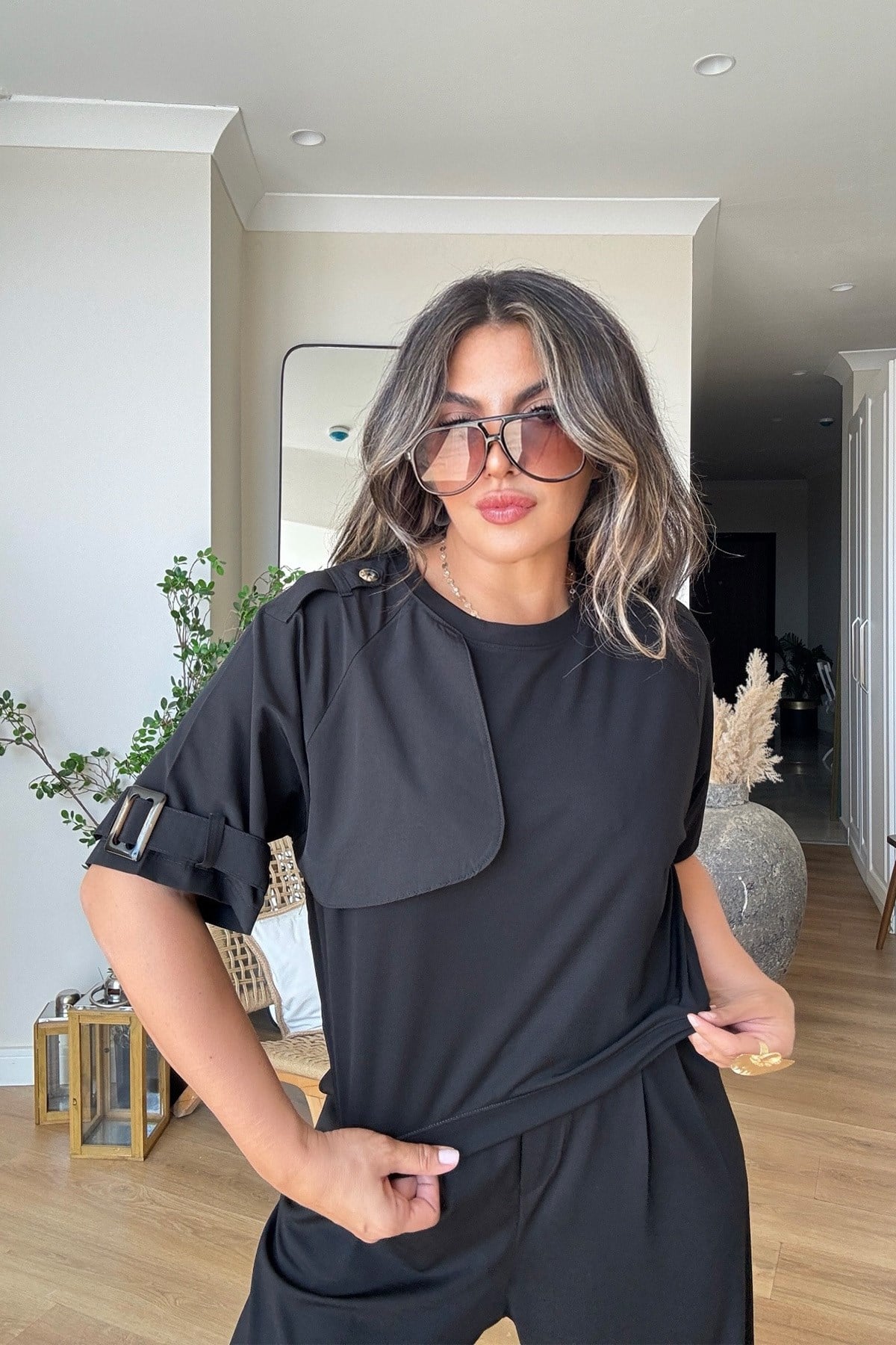 Modal Kumaş Trench Tasarımlı Takım Siyah