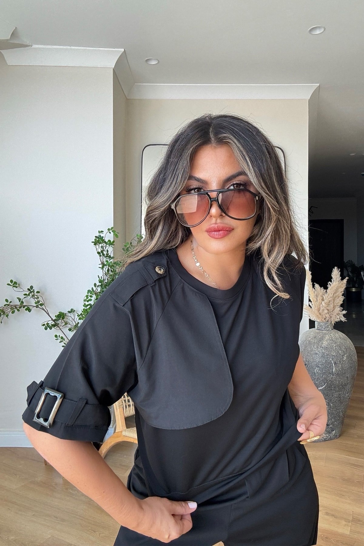 Modal Kumaş Trench Tasarımlı Takım Siyah