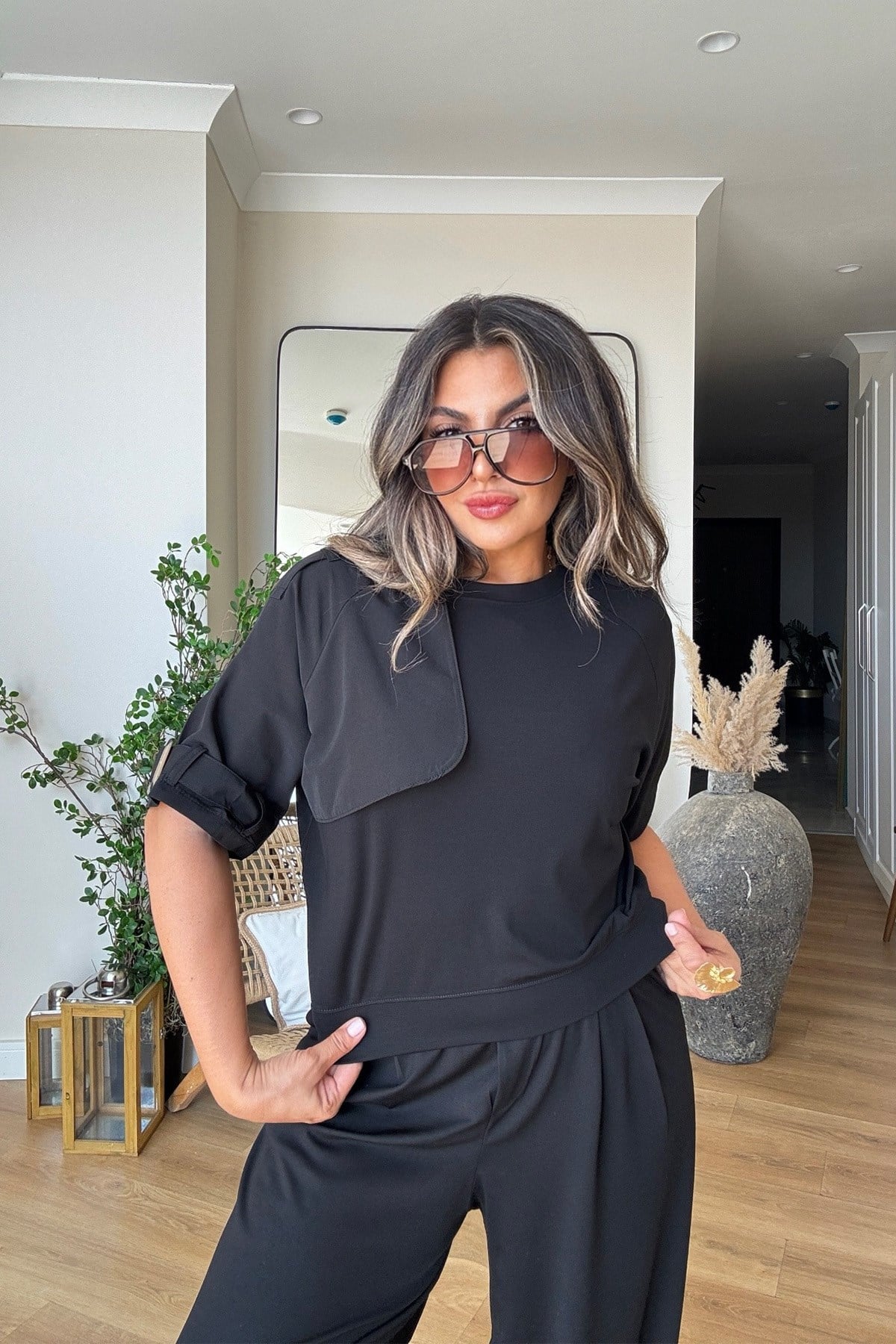 Modal Kumaş Trench Tasarımlı Takım Siyah