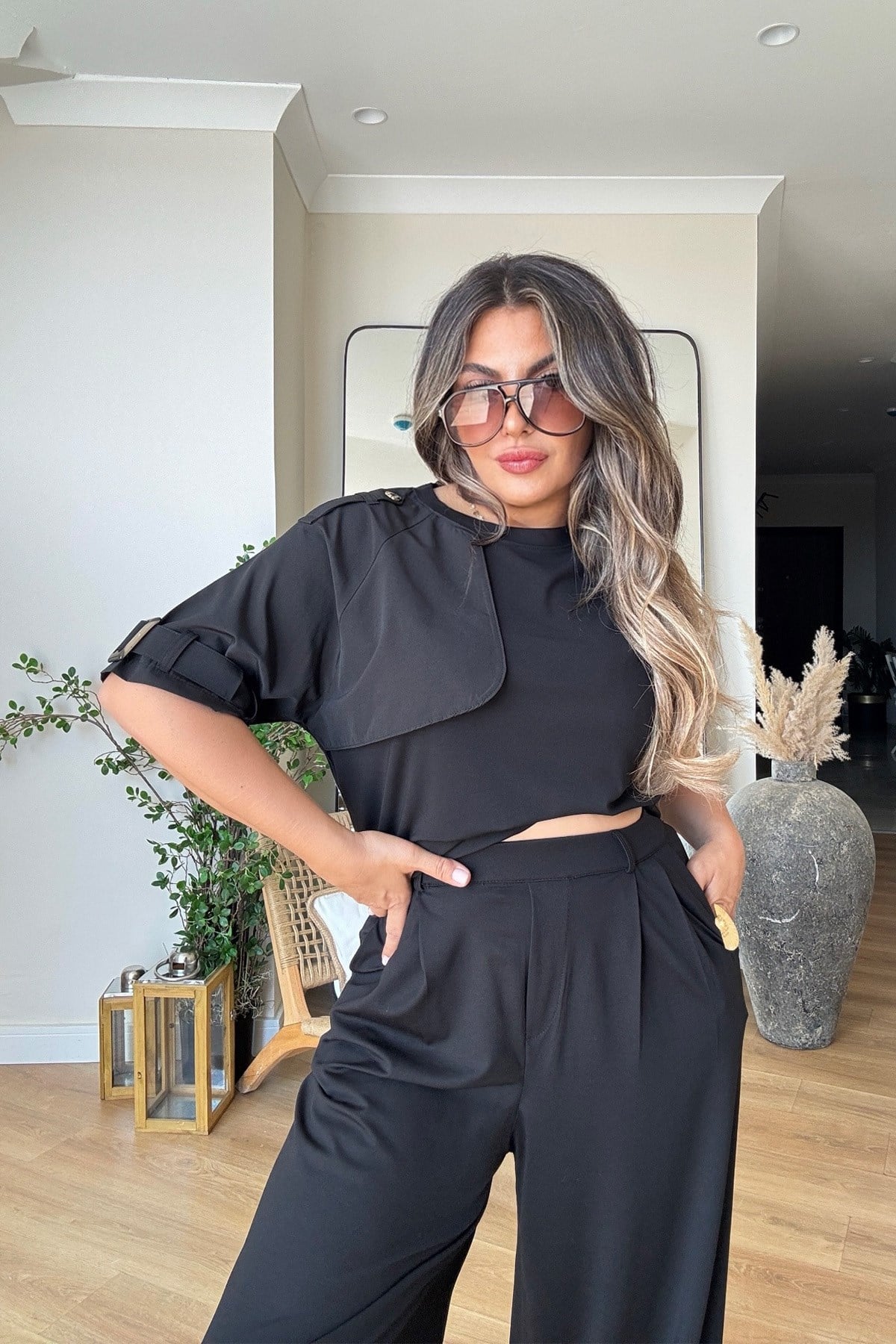 Modal Kumaş Trench Tasarımlı Takım Siyah