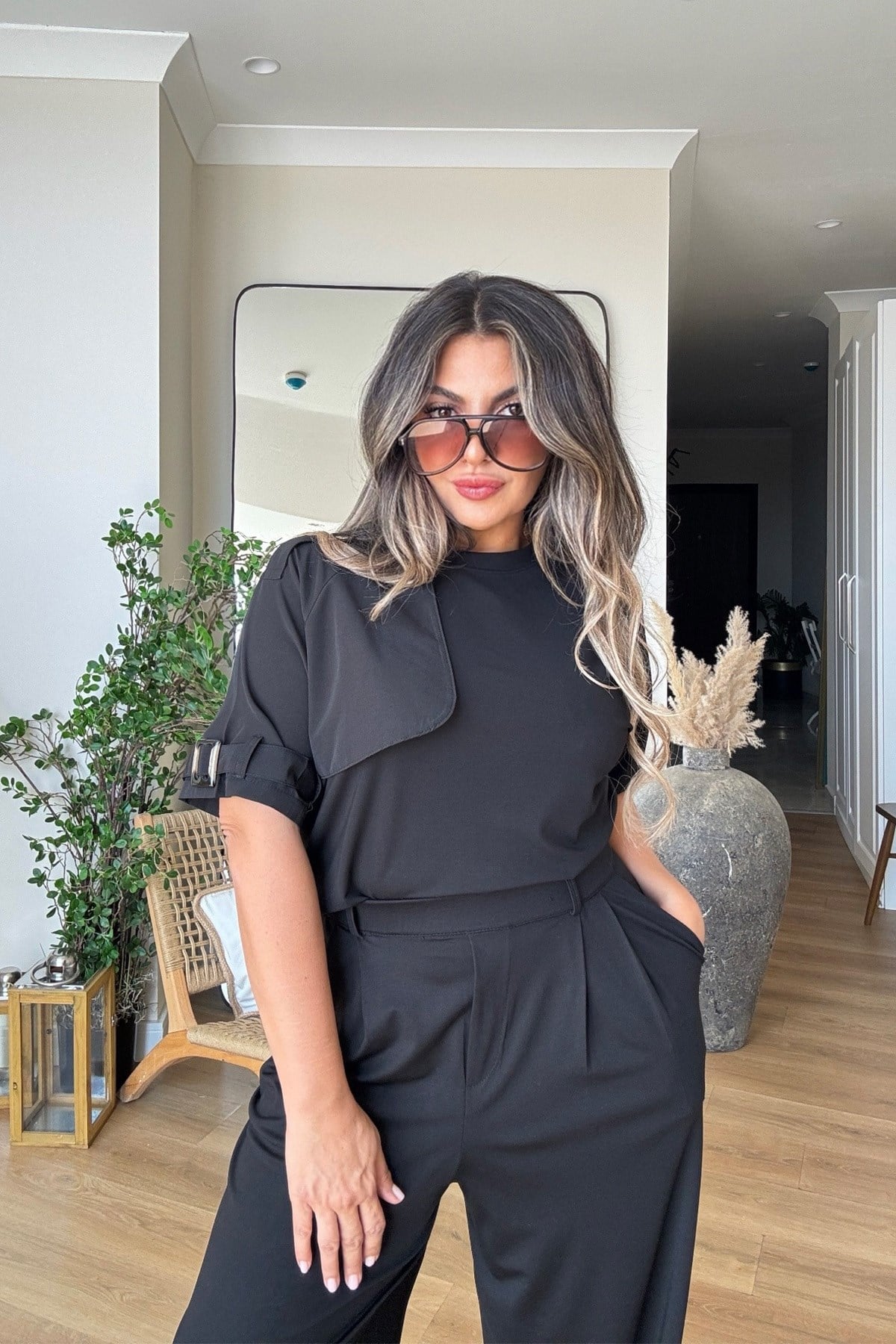 Modal Kumaş Trench Tasarımlı Takım Siyah