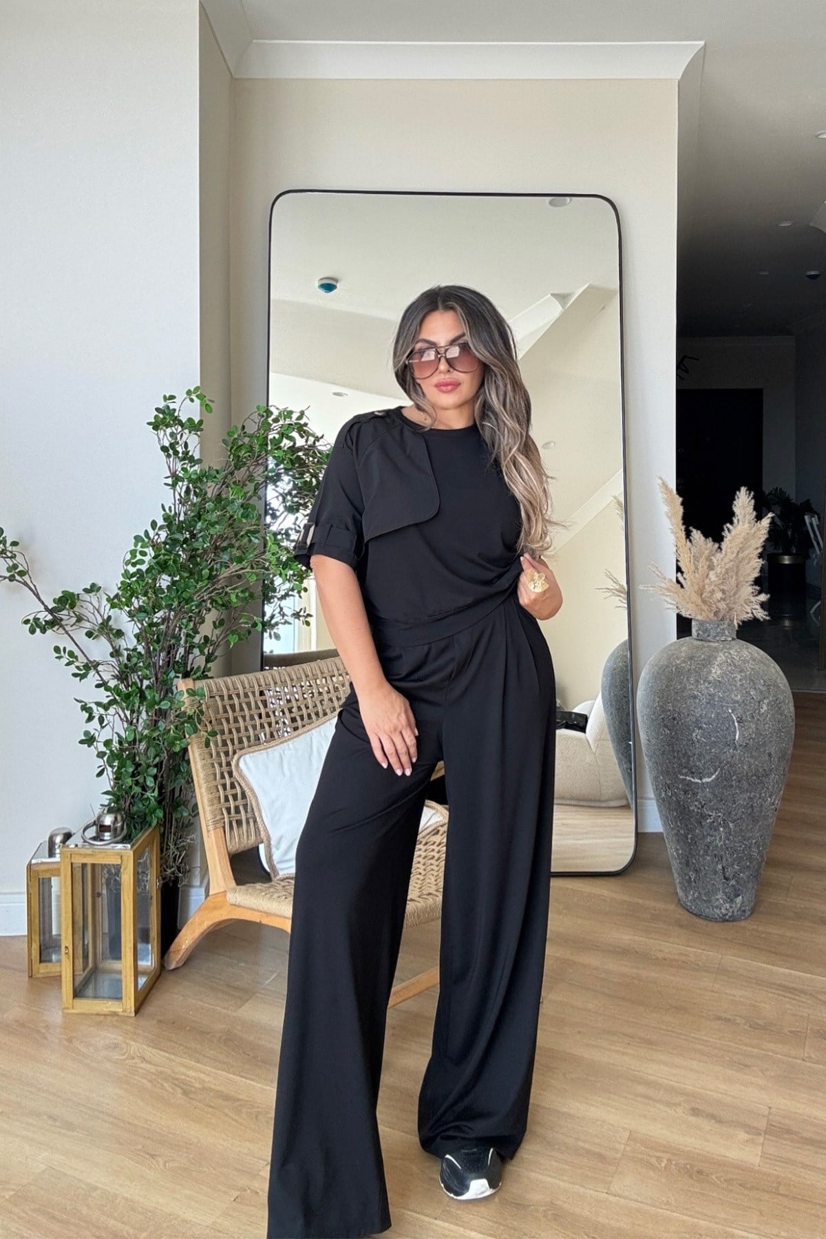 Modal Kumaş Trench Tasarımlı Takım Siyah
