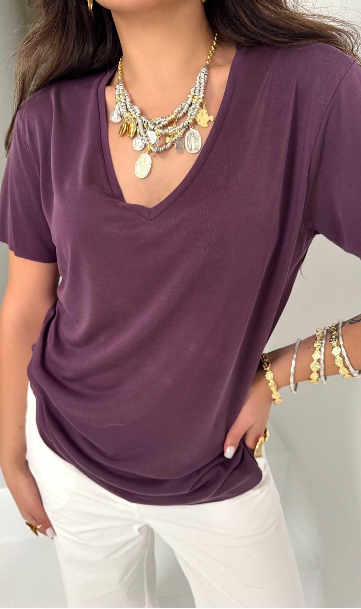 Modal Kumaş V Yaka Tshirt Mor
