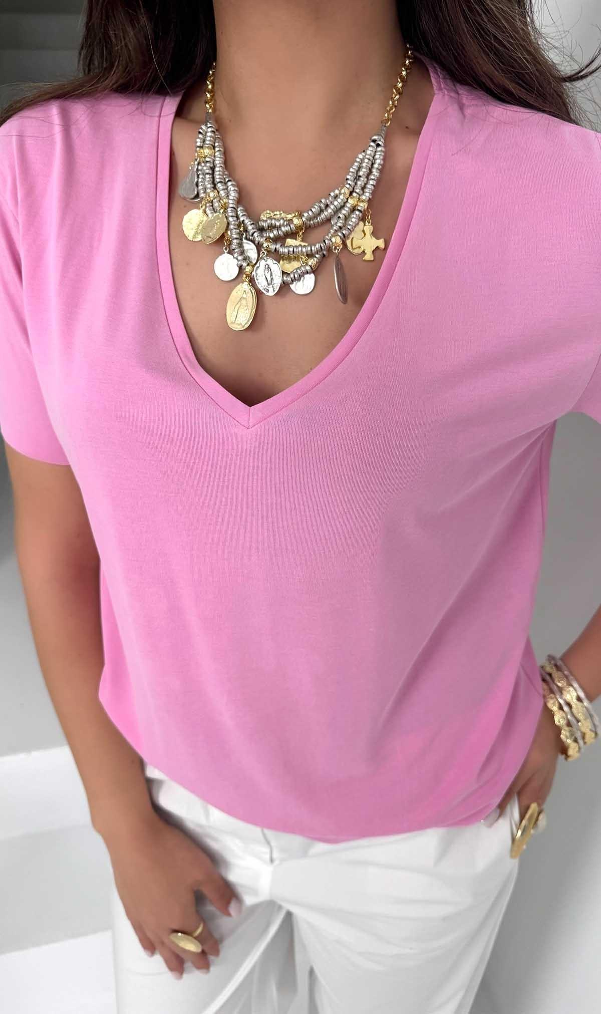 Modal Kumaş V Yaka Tshirt Pembe