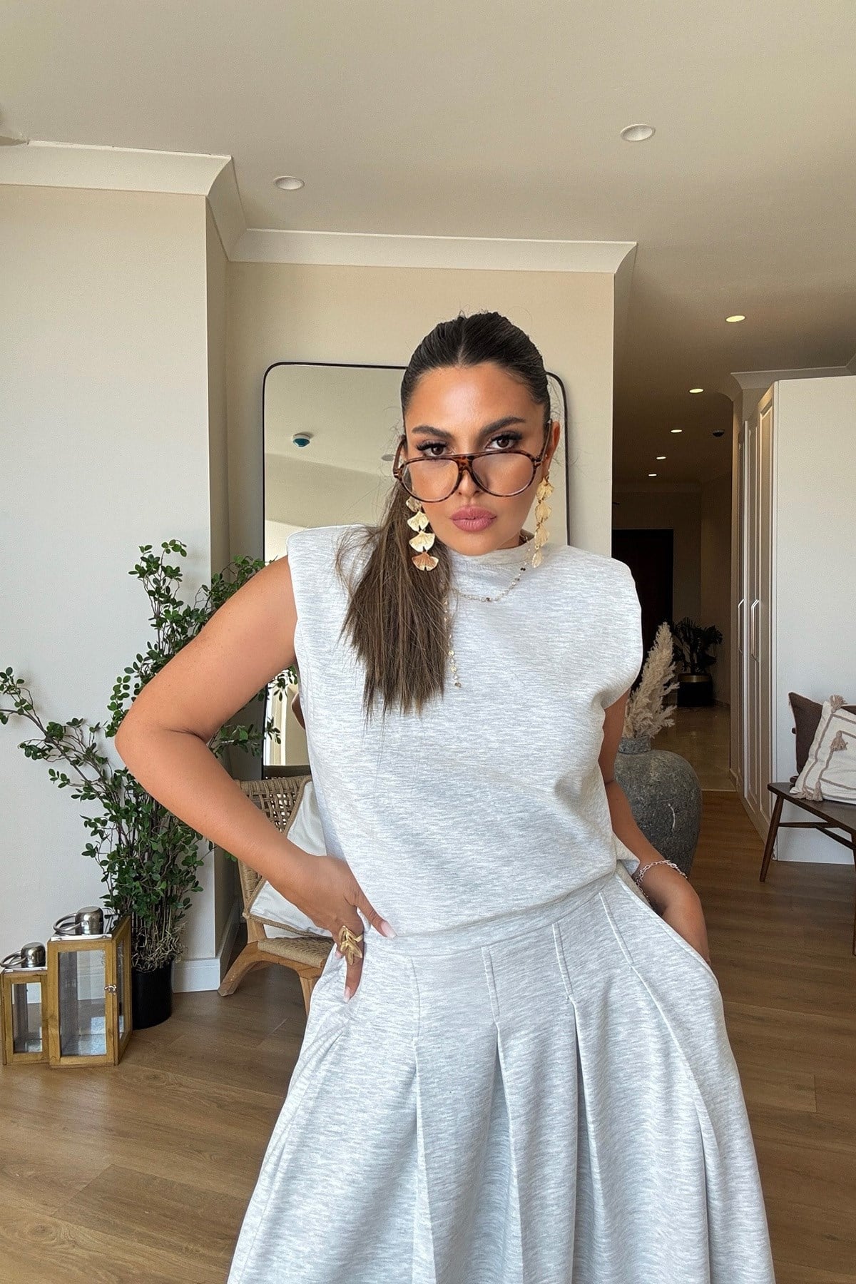Modal Kumaş Vatkalı Bluz Etek Takım Melanj Gri