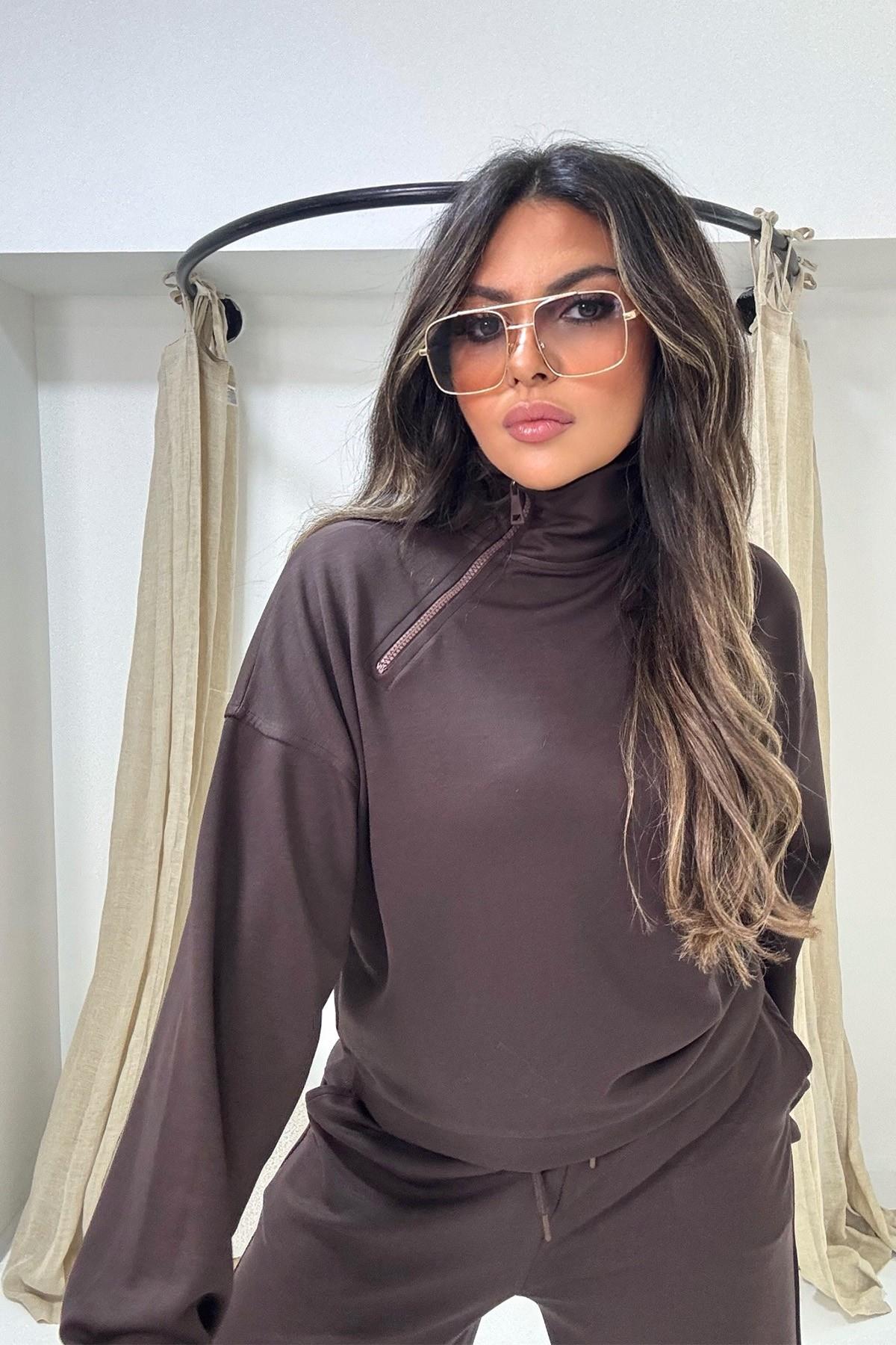 Modal Kumaş Yaka Fermuarlı Eşofman Takım Kahve