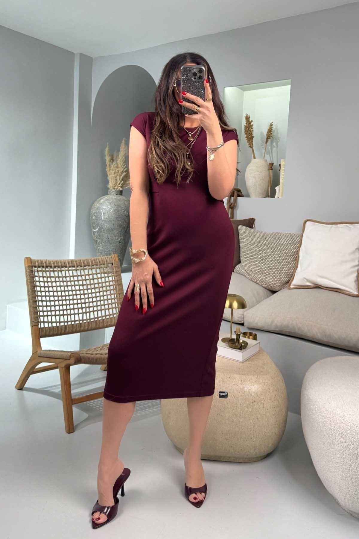 Modal Kumaş Yarım Kuşaklı Elbise Bordo