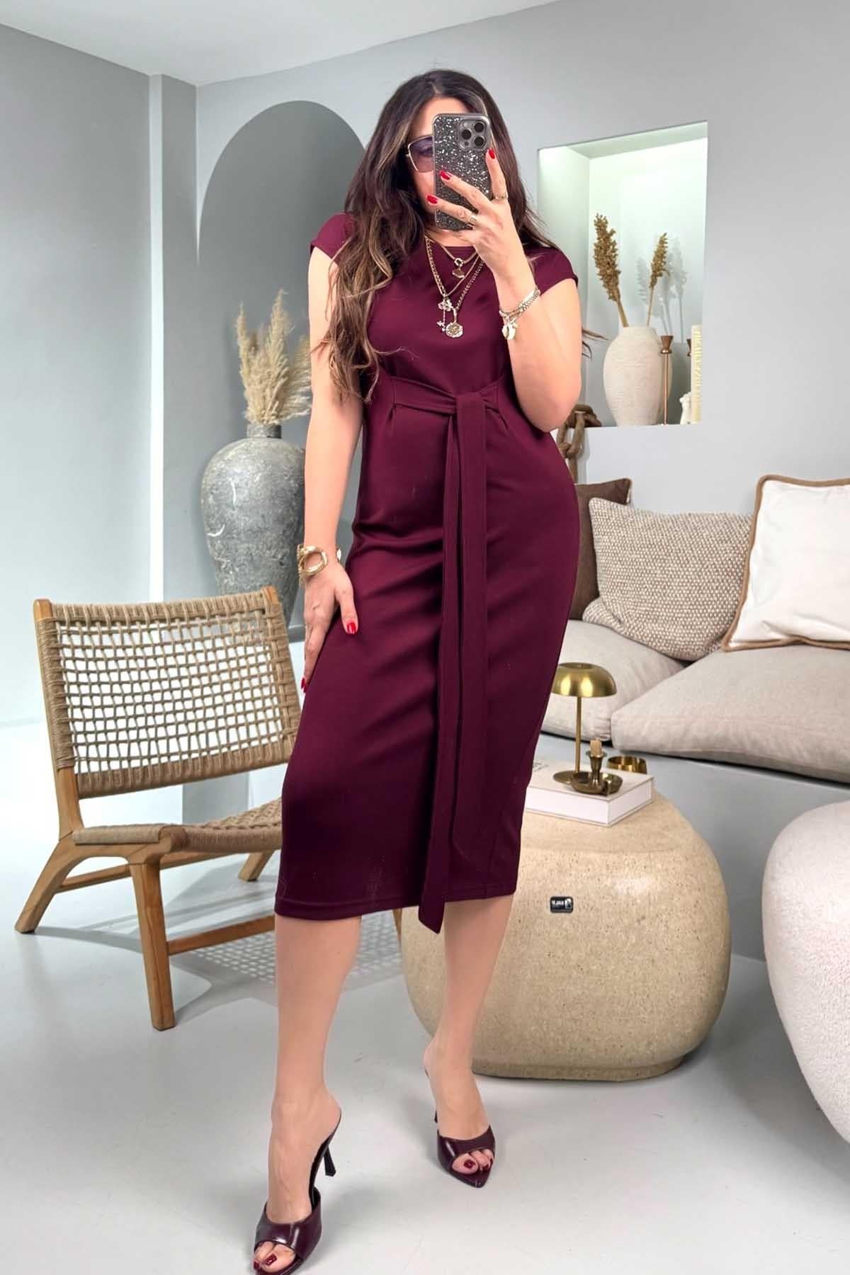 Modal Kumaş Yarım Kuşaklı Elbise Bordo