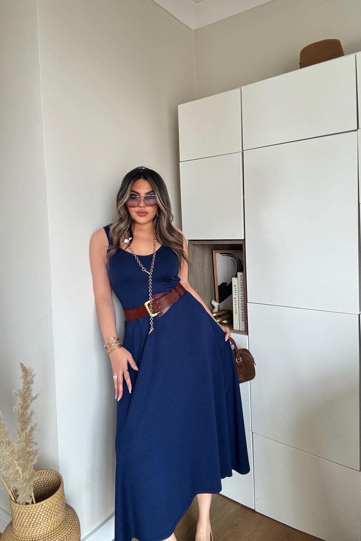 Modal Lastikli Askılı Elbise İndigo Mavi