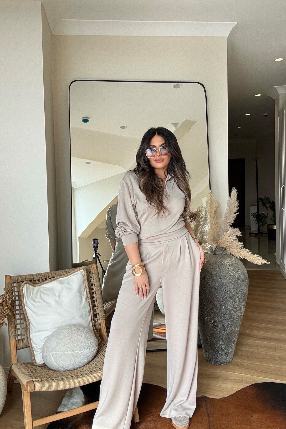 Modal Palazzo Pantolonlu Bluz Takım Bej