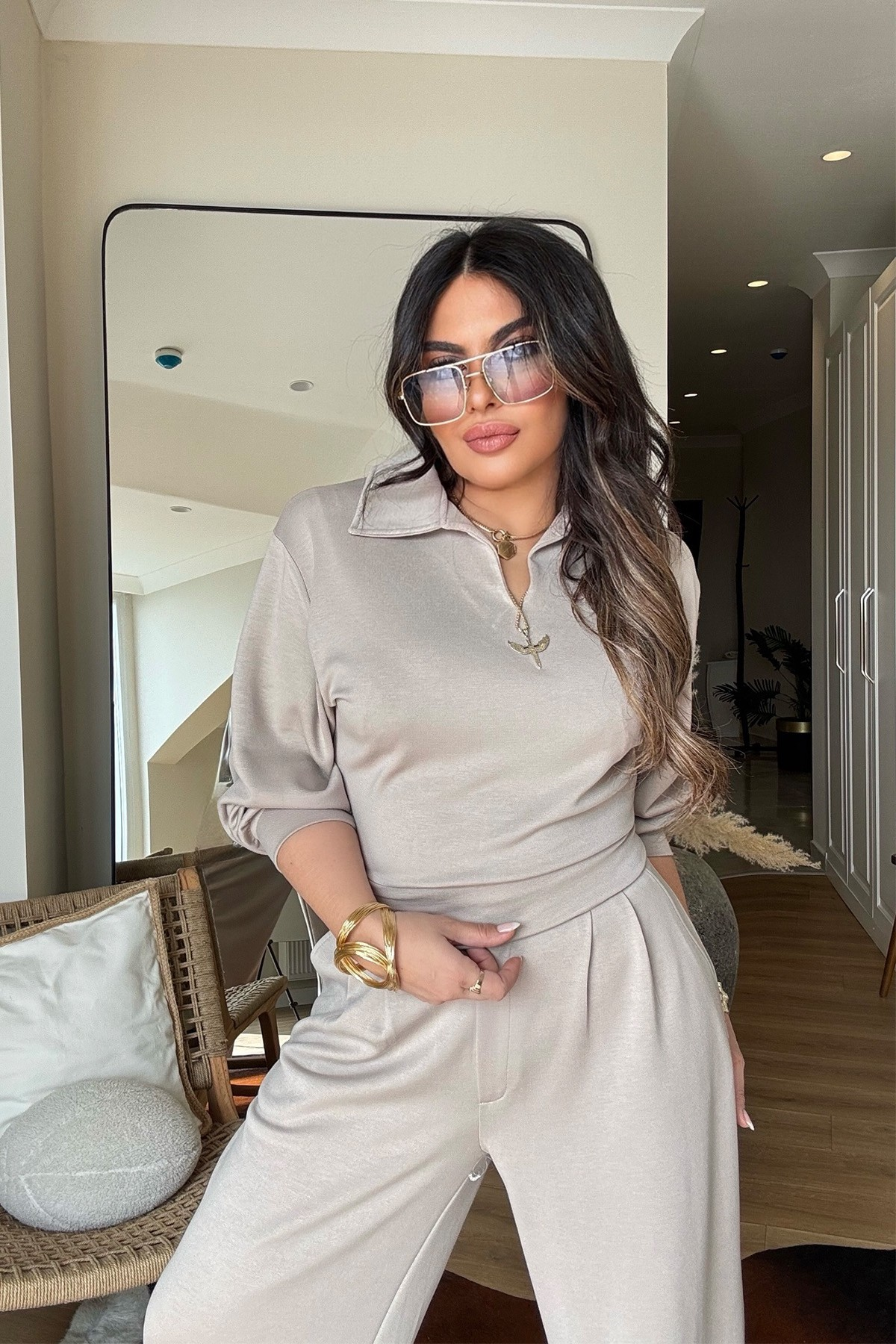 Modal Palazzo Pantolonlu Bluz Takım Bej