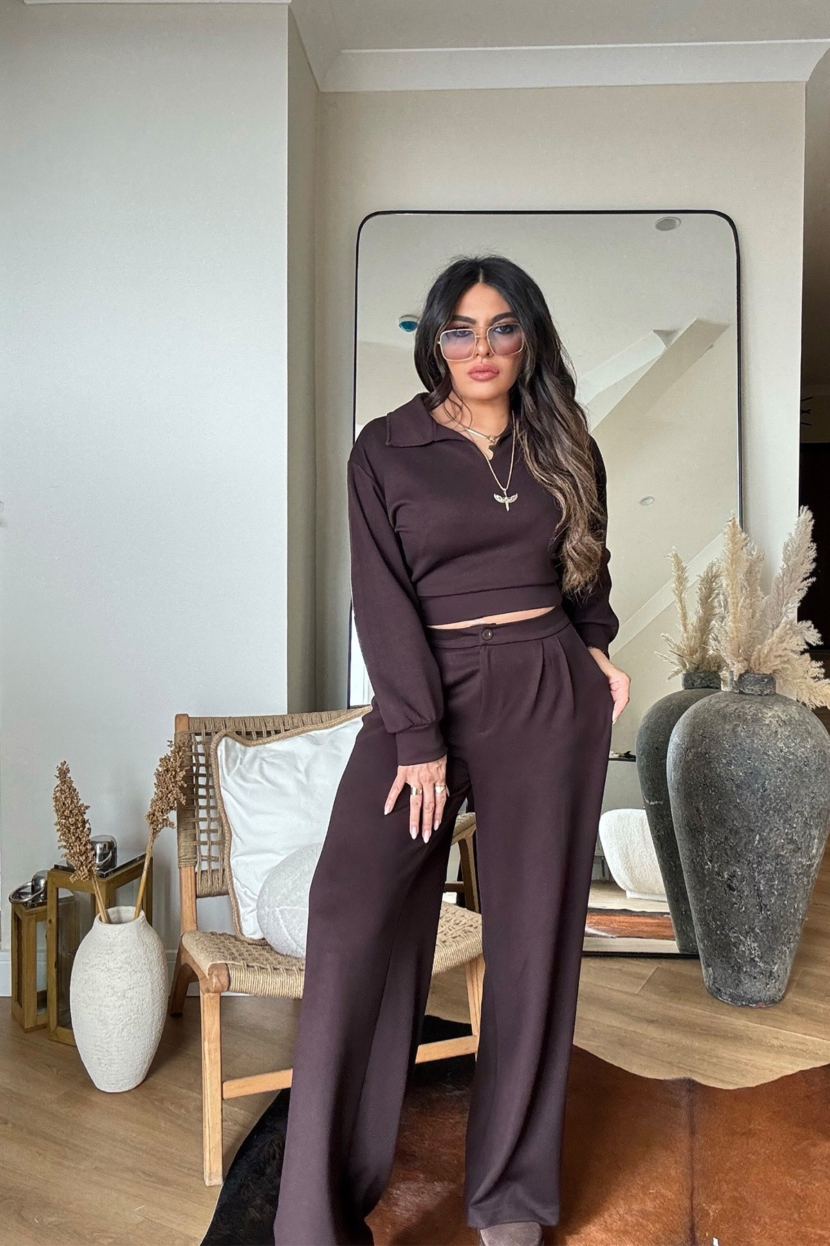 Modal Palazzo Pantolonlu Bluz Takım Kahve