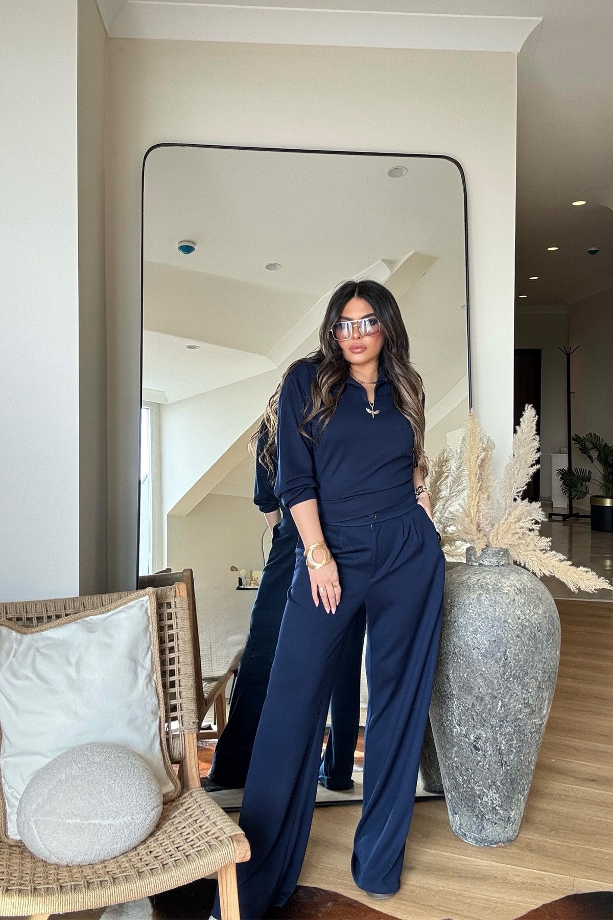 Modal Palazzo Pantolonlu Bluz Takım Lacivert