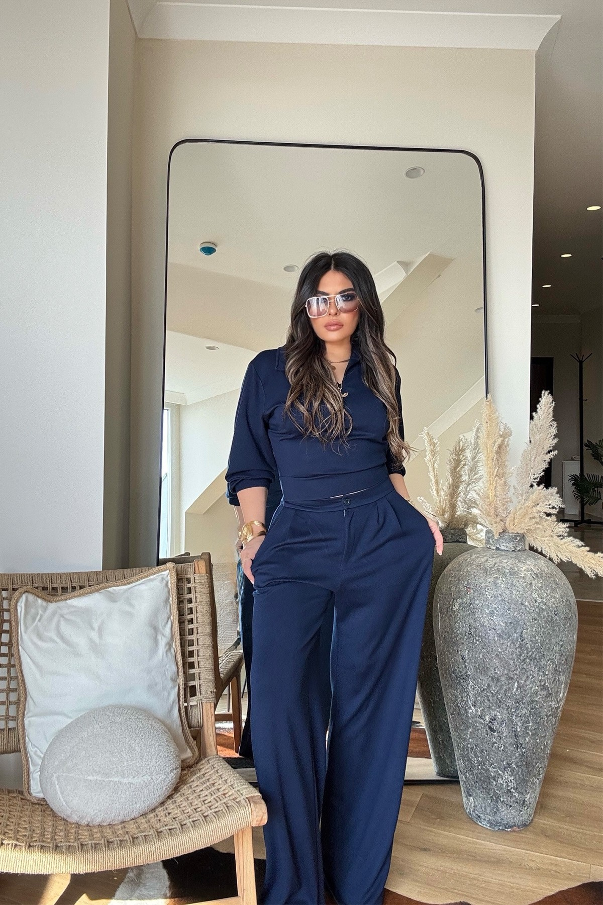 Modal Palazzo Pantolonlu Bluz Takım Lacivert