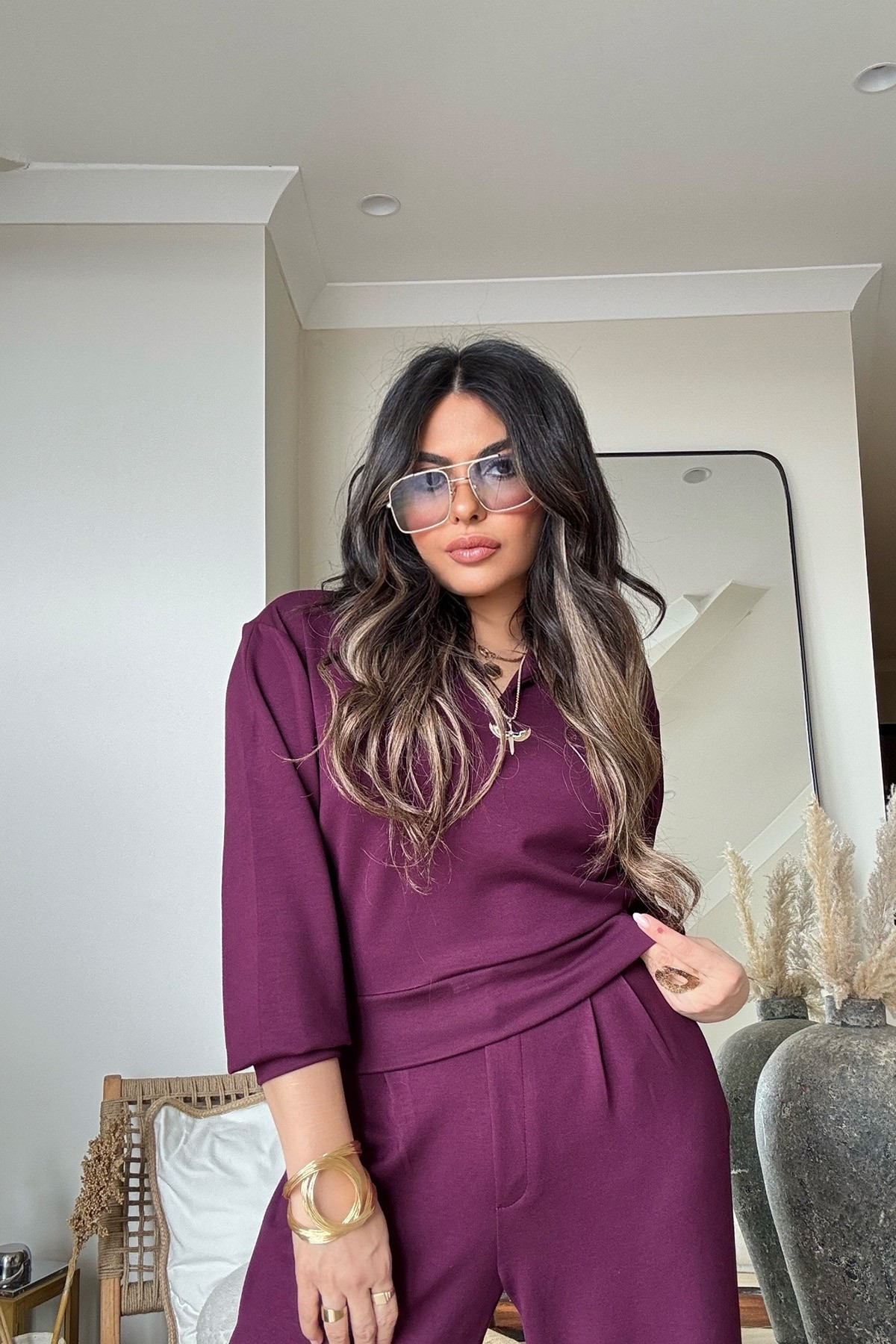 Modal Palazzo Pantolonlu Bluz Takım Mürdüm