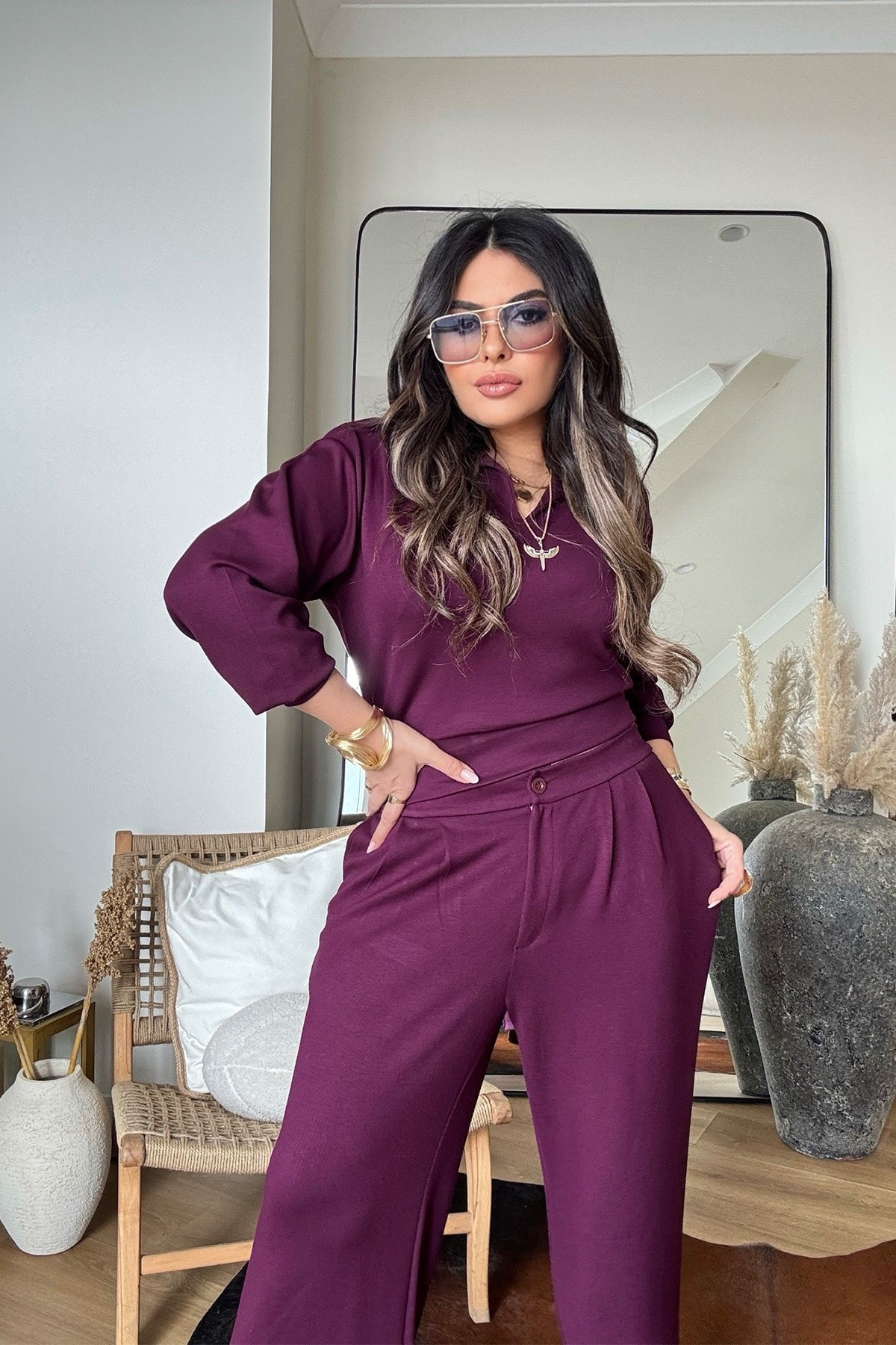 Modal Palazzo Pantolonlu Bluz Takım Mürdüm