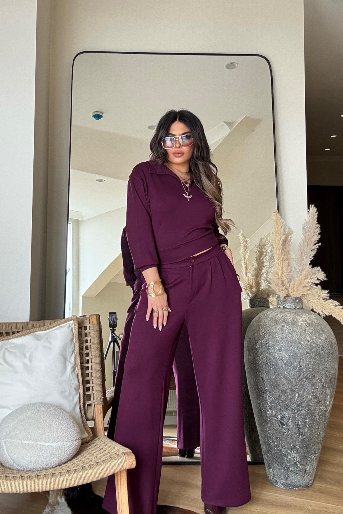 Modal Palazzo Pantolonlu Bluz Takım Mürdüm