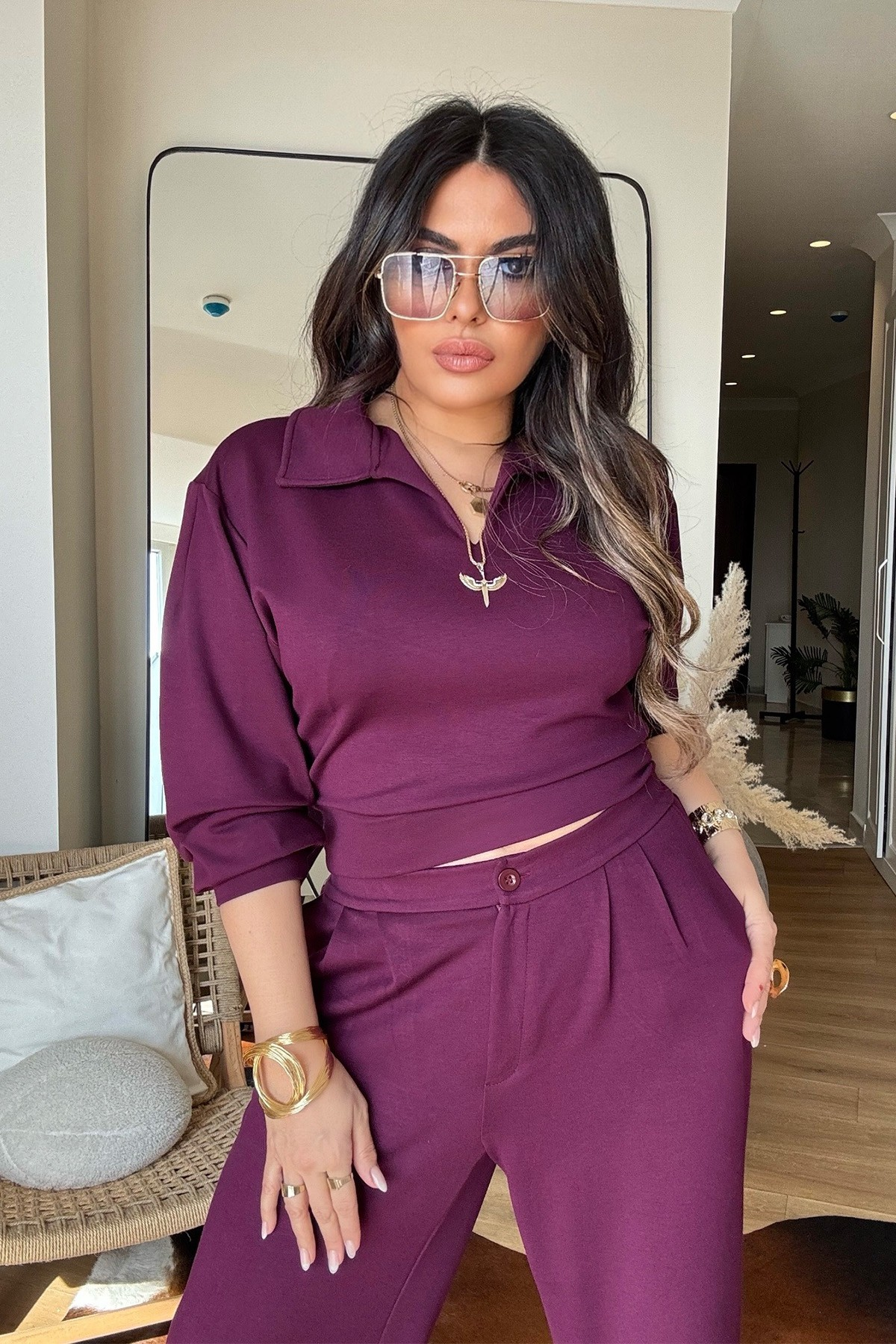 Modal Palazzo Pantolonlu Bluz Takım Mürdüm
