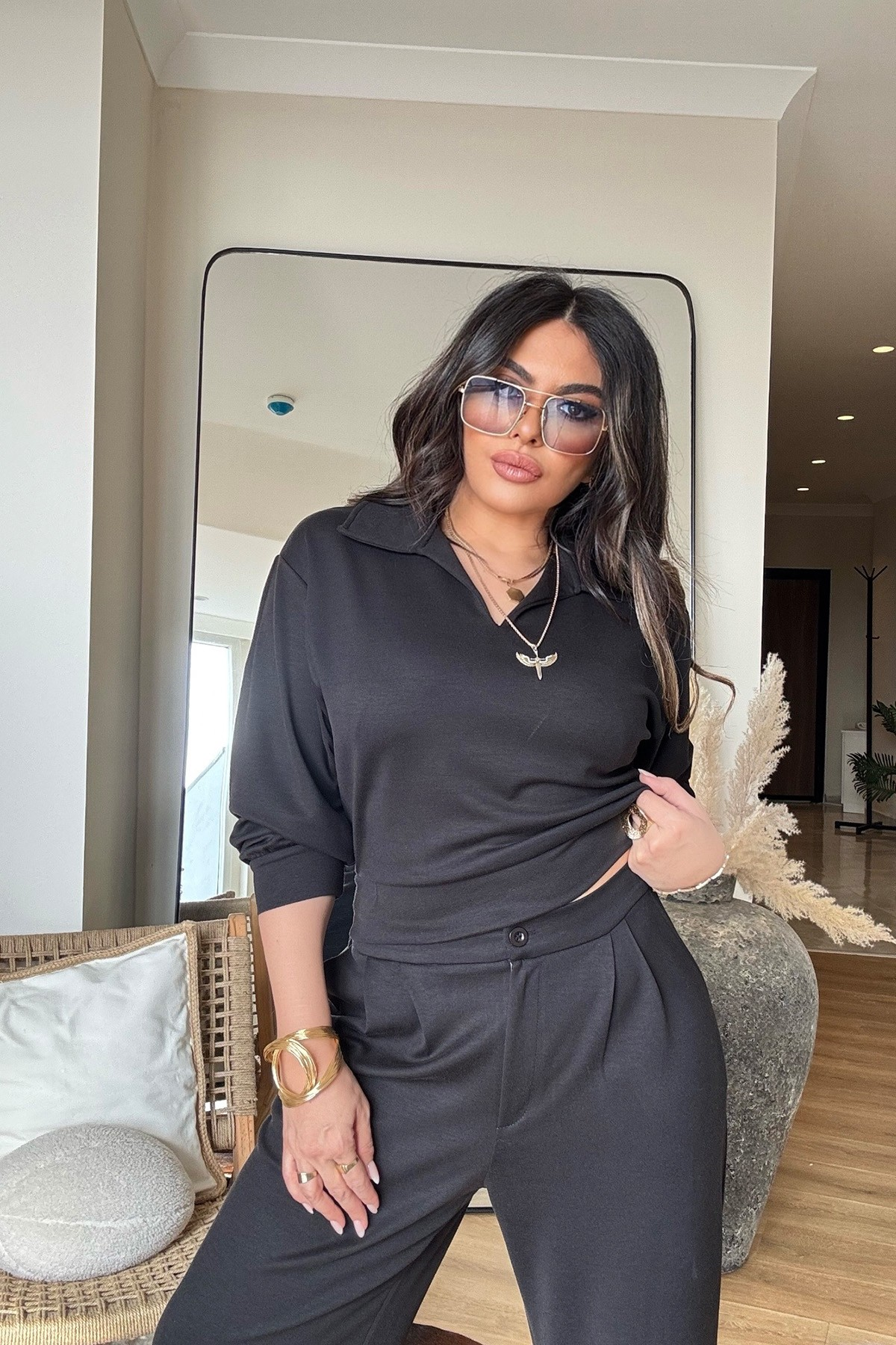 Modal Palazzo Pantolonlu Bluz Takım Siyah